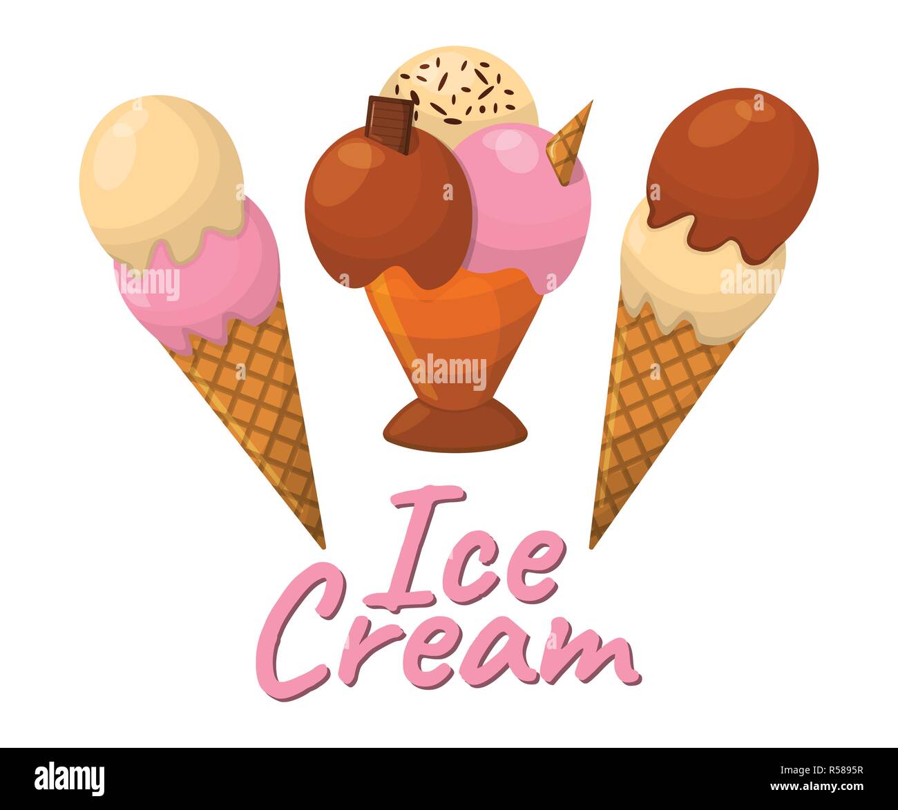 Set di Gelato Icona Cartoon. Estate gelato Logo ed etichetta per Gelateria. Illustrazione Vettoriale. Illustrazione Vettoriale