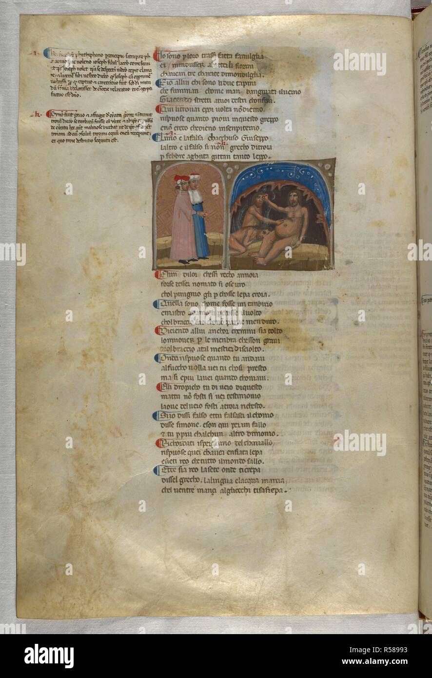 Inferno: la battaglia tra il falsario Adamo e il Greco spy, Sinon. Dante Alighieri, La Divina Commedia ( La Divina Commedia ), con un commento in latino. La prima metà del XIV secolo. Fonte: Egerton 943, f.54v. Lingua: Italiano, Latino. Foto Stock