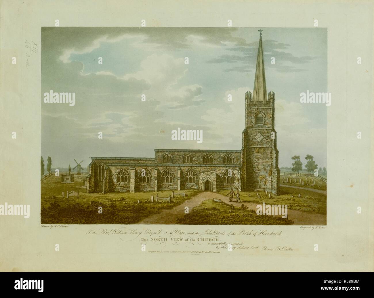 Le figure in piedi su un percorso nel sagrato della chiesa di Sant'Andrea Hornchurch; le lapidi di fronte; un mulino a vento in lontananza a sinistra . Il Revd William Henry Reynell A.M. Vicario e gli abitanti della parrocchia di Hornchurch questa vista nord della chiesa : è inscritto rispettosamente dai loro molto obbedienti servt Thomas B. Clutton. [Londra] : pubblicare'd Jany 1 1803 di T.B. Clutton, geometra, No18 King Street, Bloomsbury [1 gennaio 1803]. Fonte: Mappe K.Top.13.40.3.a. Lingua: Inglese. Autore: Jeakes, J. Foto Stock