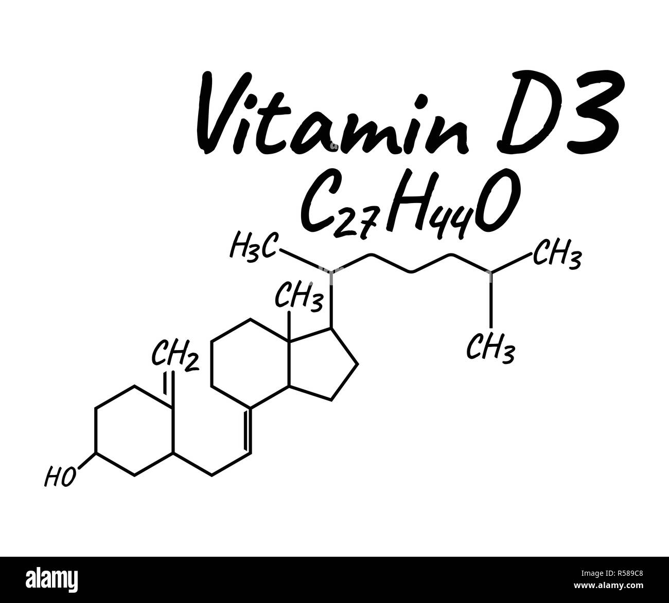 La vitamina D3 etichetta e l'icona. Formula chimica e di struttura Logo. Illustrazione Vettoriale. Illustrazione Vettoriale