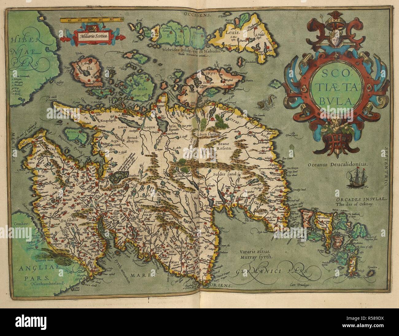 Mappa della Scozia (Scotiatabvla) tracciata nel 1601. . Angliae et Hiberniae accurata descriptio, veteribus et recentioribus nominibus illustrata... In Inghilterra. Angliae et Hiberniae accurata descriptio, veteribus et recentioribus nominibus illustrata: et ad D. Gvliel. Camdeni Britaniam accoÌˆmodata ... Joannes Baptista Vrints tabularum geographicarum calcographus, exeud. Antvarpiae. Pubblicato in 1601. Fonte: 9.tab.8. Lingue: Latina. Foto Stock