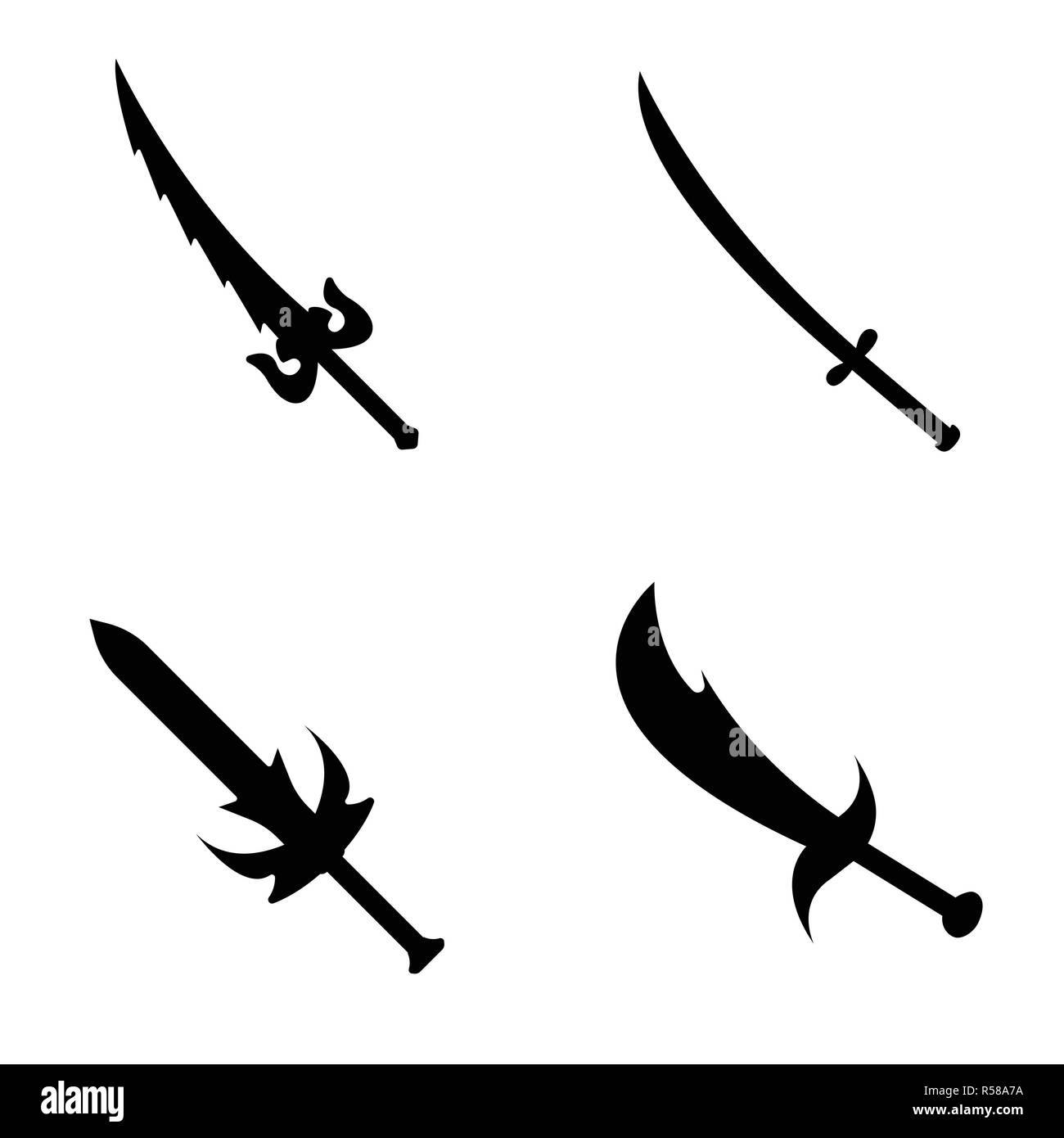 Set di icona arma. Etichetta di fantasia e arma medioevale. Stile semplice. Illustrazione Vettoriale logo. Illustrazione Vettoriale