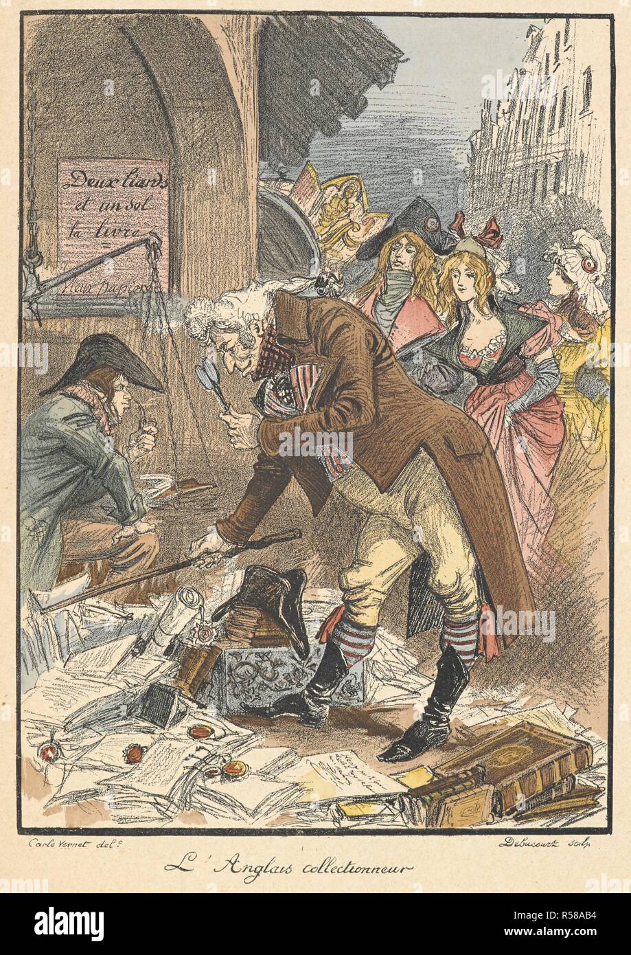 Una scena della rivoluzione francese. Un uomo che guarda ad una pila di libri scartati e pergamene. "Poudriere et bibliotheque' nel contes pour les bibliophiles ... Nombreuses illustrazioni, ecc. Parigi, 1895. Fonte: 12513.m.22 opposta a pagina 152. Autore: ROBIDA ALBERT. UZANNE, ottava. Foto Stock