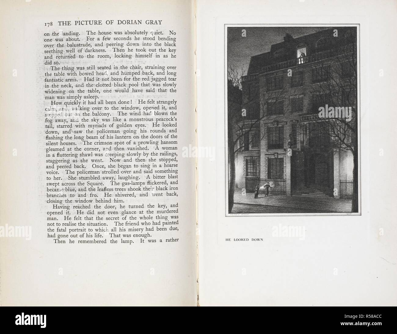 Testo e un'illustrazione, "ha guardato all'. Dorian Gray guardando giù in strada, dalla sua casa. La Foto di Dorian Gray/ di Oscar Wilde ; con una introduzione di Osbert Burdett ; ed. autorizzato con illustrazioni di Henry appassionato. Londra: John Lane la testa Bodley; New York: Dodd, idromele e Co., 1925 Bungay, Suffolk: Richard Clay & Sons. Fonte: 012634.n.52 pagina 178 e 179. Foto Stock