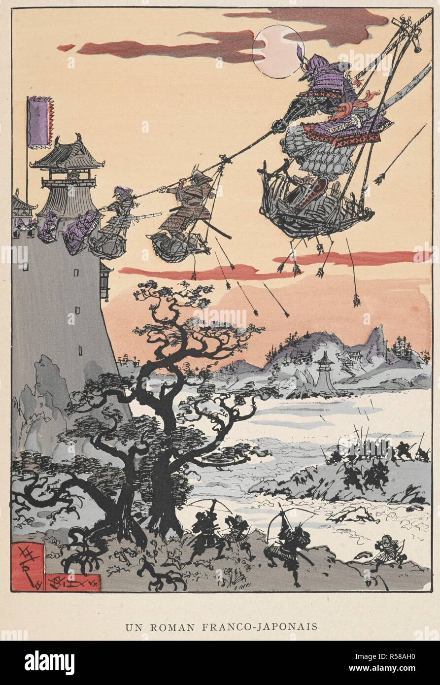 Samurai Giapponese utilizzando un sistema di pulegge per immettere una fortezza. . Contes pour les bibliophiles ... Nombreuses illustrazioni, ecc. Parigi, 1895. Fonte: 12513.m.22 opposta a pagina 60. Autore: ROBIDA ALBERT. UZANNE, ottava. Foto Stock