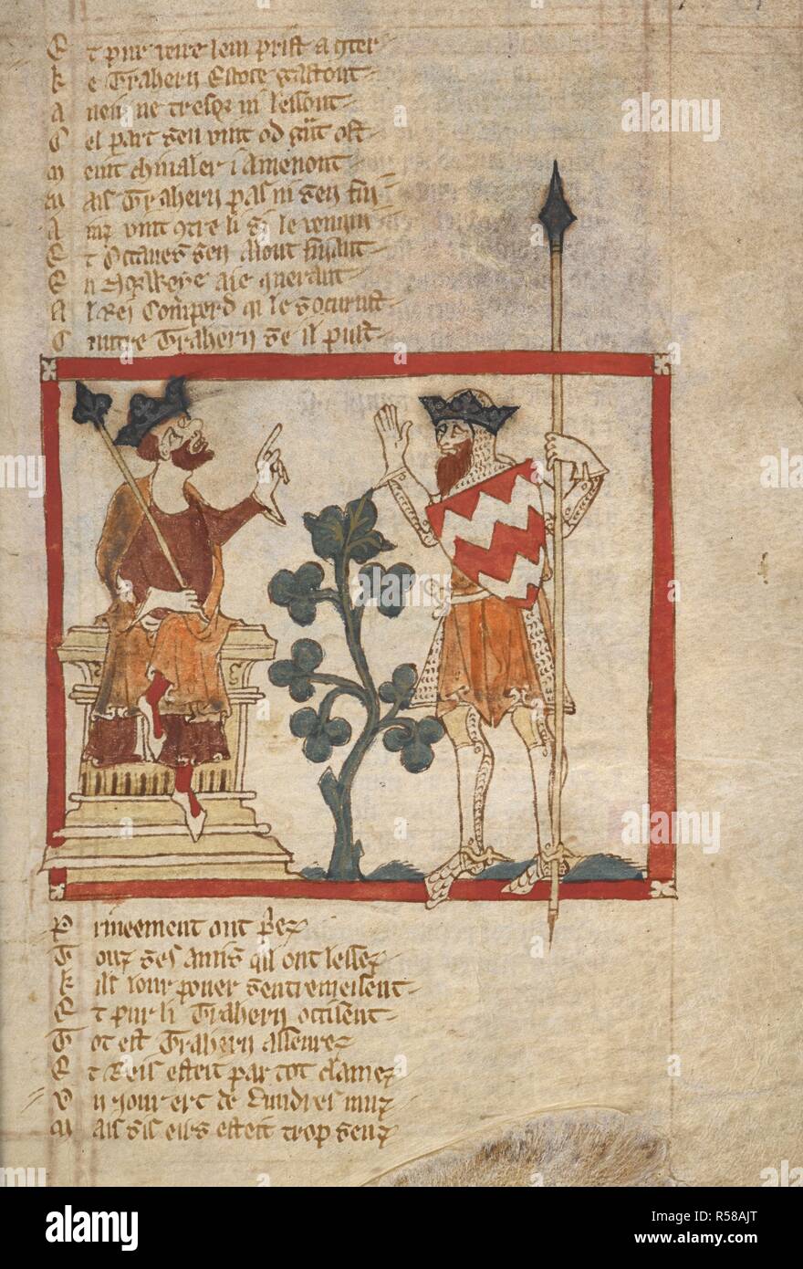 Trahern e il Re di Norvegia. Romanzi in francese versetto ... Il XIV secolo. Fonte: Egerton 3028 f.7. Autore: Wace, Canon di Bayeux. Foto Stock