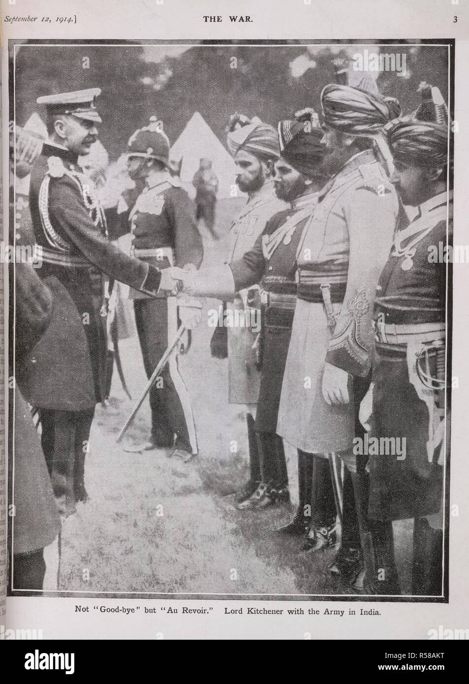 'Non 'addio ma 'au revoir." Lord Kitchener con l'esercito in India. La guerra. Settembre 12th, 1914. Fonte: La guerra, pagina 3. Foto Stock