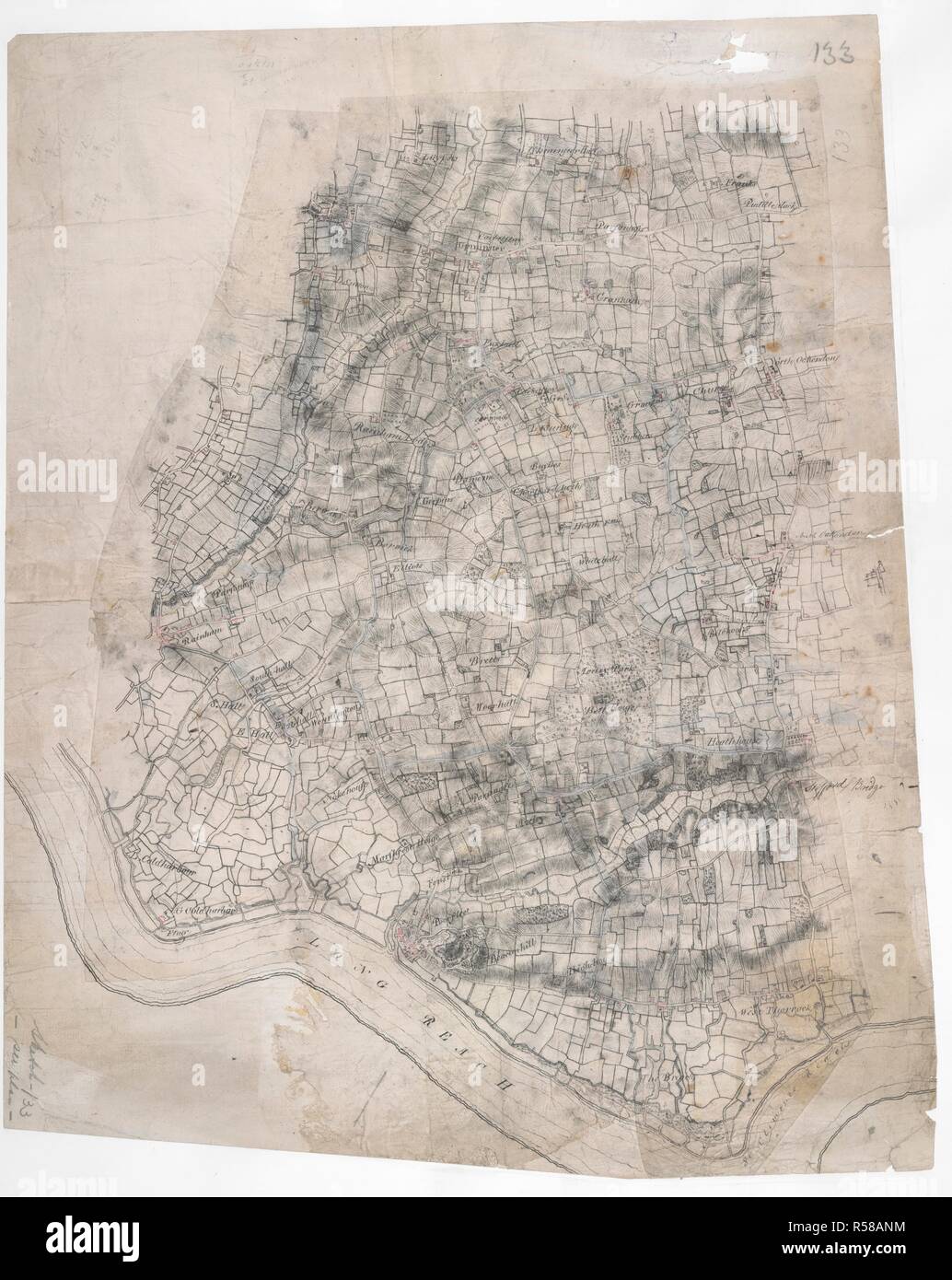 Hereford. Questo è un molto ruvida matita e inchiostro schizzo di campo (noto come "fallo piano ") della riva nord del Tamigi, in esecuzione da Hereford, nella parte inferiore della mappa di Upminster, verso l'alto. Il paesaggio di Essex è stata descritta su 10 pezzi di taglio irregolare di carta sottile e mostra una notevole discrepanza lungo le giunzioni. 1799. Fonte: OSD 133. Lingua: Inglese. Foto Stock