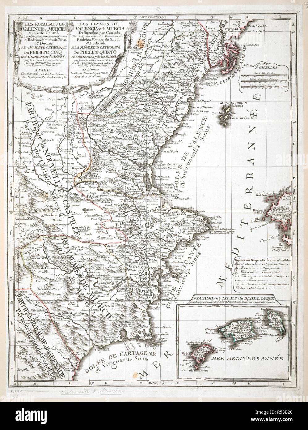 Una mappa dei regni di Valencia e Murcia. LES ROYAUMES DE VALENCE et MURCIE tirez de Cantel. : CorrigÃ©s et augmenÃ©s sur les Memoires de Rodrigo Mendez de Silva et DediÃ©S ALA MAJESTÃ‰ CATHOLIQUE DE PHILIPPE CINQ ROY D'espagne et des indes. Parigi ; Madrid : Chez le Suor Julien a l'Hotel de Soubise avec privilege du Roy du 25 janvier 1762. : En Casa de Thomas Lepez Pensionista de S M. Ca. 1762. [1762]. Fonte: Mappe K.Top.73.63. Lingua: Francese. Foto Stock