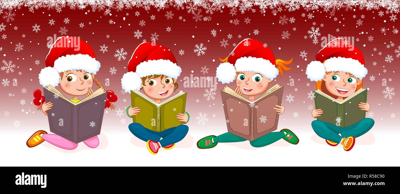 Bambine leggere libri. I bambini con i libri su uno sfondo di colore rosso. I bambini con libri sullo sfondo d'inverno. Illustrazione Vettoriale