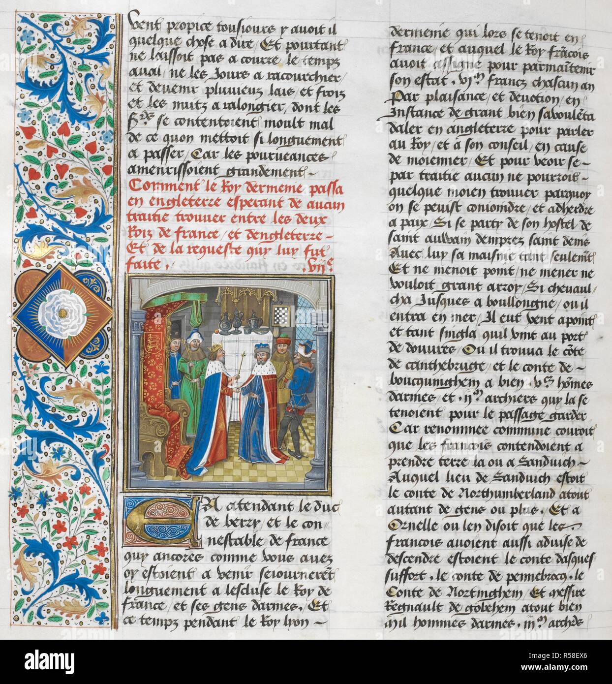 Il re di Armenia avente un pubblico con Richard II a Westminster. Iniziale e bordo floreale. Anciennes et nouvelles chroniques d'Angleterre (noto anche come Recueil des croniques dâ€™Engleterre). Francia, N. E. (Lille?) e Paesi Bassi, S. (Bruges) Data c. 1470- c. 1480. Fonte: Royal 14 E. IV, f.259v. Lingua: Francese. Autore: JEAN DI WAVRIN. Maestro di Vienna e di Copenaghen Toison dâ€™o, Master delle iscrizioni bianco, Master di Edward. Foto Stock