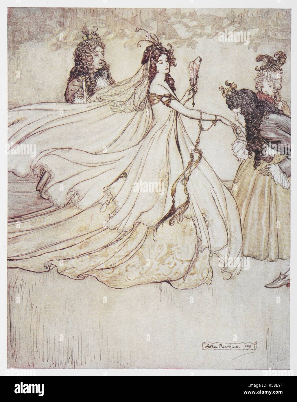 Cinderella (Ashenputtel) in una palla abito. Grimm di favole. Illustrato da Arthur Rackham. Londra : William Heinemann, [1925]. "Ashenputtel passa la palla.". Fonte: 12410.r.7. pagina a fronte 192. Autore: RACKHAM, Arthur. GEBRUEDER GRIMM. Foto Stock