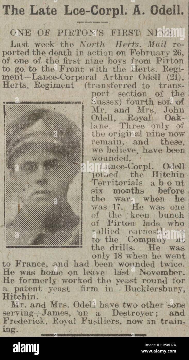 " Il tardivo Lce-Corpl. A. Odell'. "Uno dei Pirton i primi nove". Articolo sulla morte di un soldato, Lance-Corporal Arthur Odell, e il tasso di incidenti i volontari di Pirton. . North Herts Mail. Inghilterra, 1918. Fonte: North Herts Mail, 28 marzo 1918. Pagina 4. Foto Stock