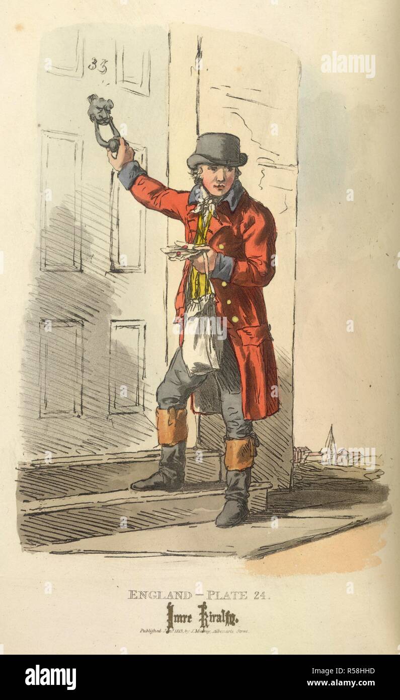 Un postino. Il pittoresco di rappresentazioni di vestire e manne. Londra: Thomas McLean, [ca. 1830]. Un uomo la consegna di posta. Immagine presa da pittoresche rappresentazioni di vestire e modi della lingua inglese. Illustrato in cinquanta incisioni colorate, con descrizioni. Originariamente pubblicato/prodotto a Londra: Thomas McLean, [ca. 1830]. . Fonte: 7744.c.10, piastra XXIV. Lingua: Inglese. Foto Stock