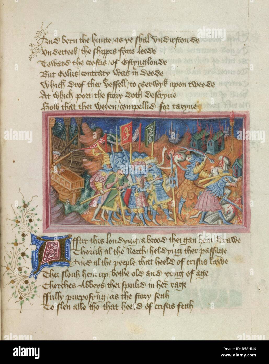 Miniatura dei danesi saccheggi. Vite metrica dei Santi Edmund e Fremund, nella presentazione copia per Enrico VI, compreso il prologo (ff. 1v-5). Inghilterra, S. (probabilmente Bury St Edmunds); tra il 1434 e 1439. Fonte: Harley 2278, f.48. Lingua: Italiano e Latino. Autore: Lydgate John. Foto Stock