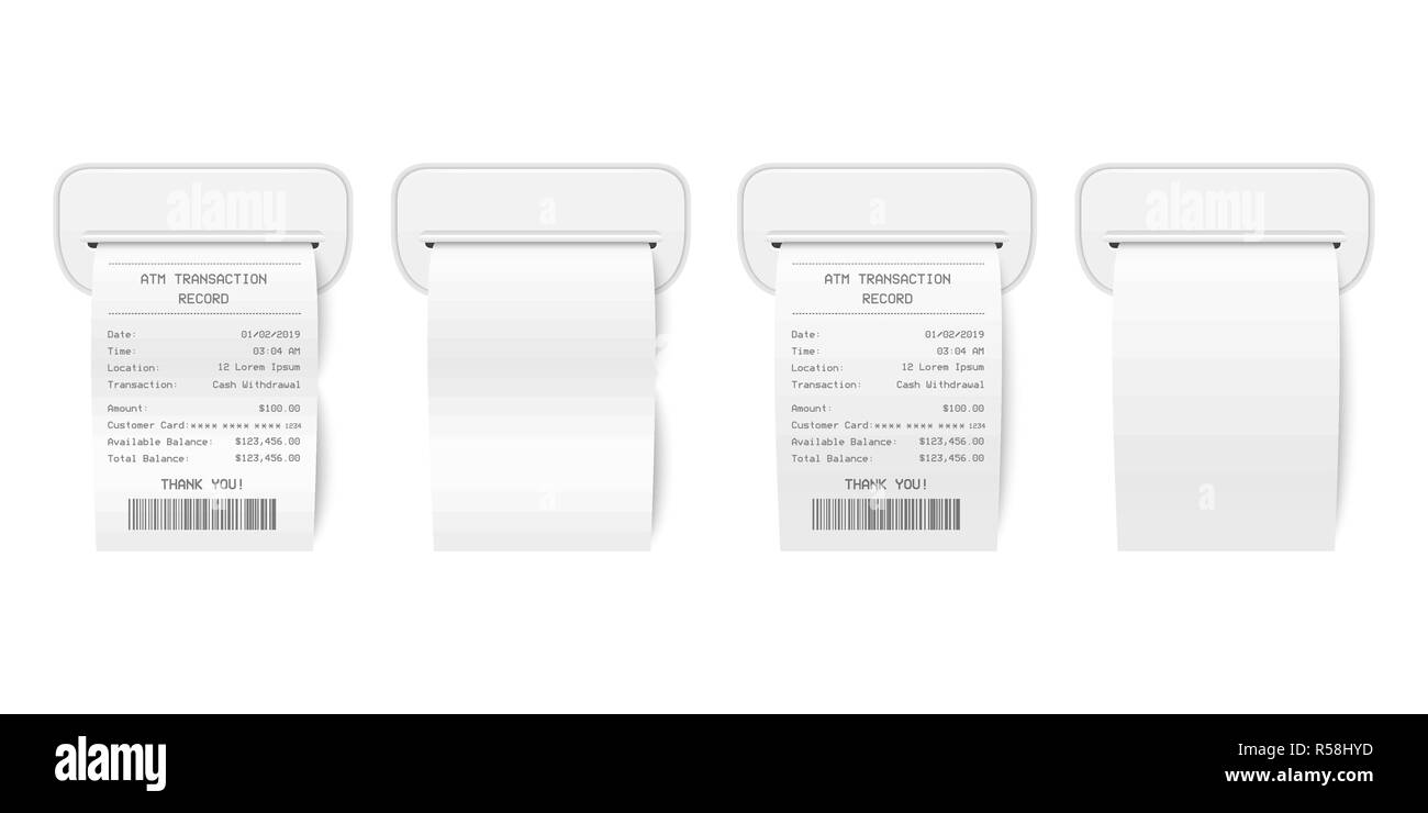 Vector realistiche in 3d carta stampata transazione ATM registrare la ricezione con ATM Set Skimmer Closeup isolato su bianco. Modello di progetto di Bill ATM, ricevimento record, controllo finanziario per mockup. Vista frontale Illustrazione Vettoriale