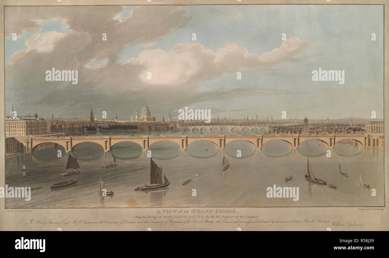 Una vista del trefolo ponte (Waterloo Bridge) in presenza di intensa luce solare, con St Pauls in lontananza sulla sinistra. Una vista del trefolo ponte dal design di JOHN RENNIE Esqr F.RS. &C. &C. &C. &C. Tecnico per l'azienda... Londra : Pubblicato 5 Decr 1811 da W. Anderson Paddington verde., [5 dicembre 1811]. La puntasecca e incisione con mano-colorazione. Fonte: Mappe K.Top.22.40.a. Lingua: Inglese. Autore: Dubourg, M. Foto Stock