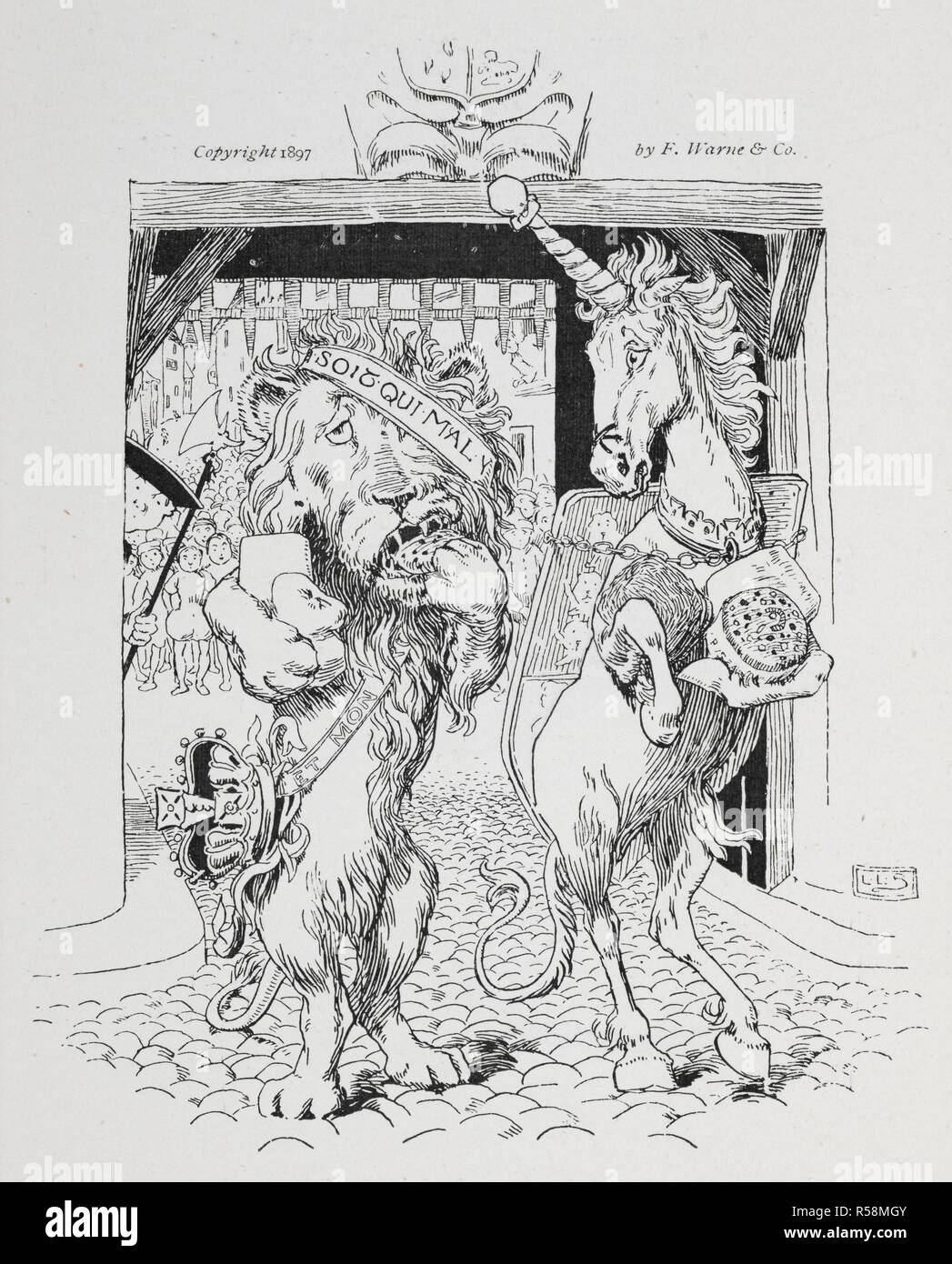 Un Lion e unicorn a piedi sotto una porta che indossa gioielli e corazza. La filastrocca libro. A cura di Andrew Lang. Illustrato da L. L. Brooke. Londra : Frederick Warne & Co., 1897. Fonte: 012806.m.10. Pagina 62. Foto Stock