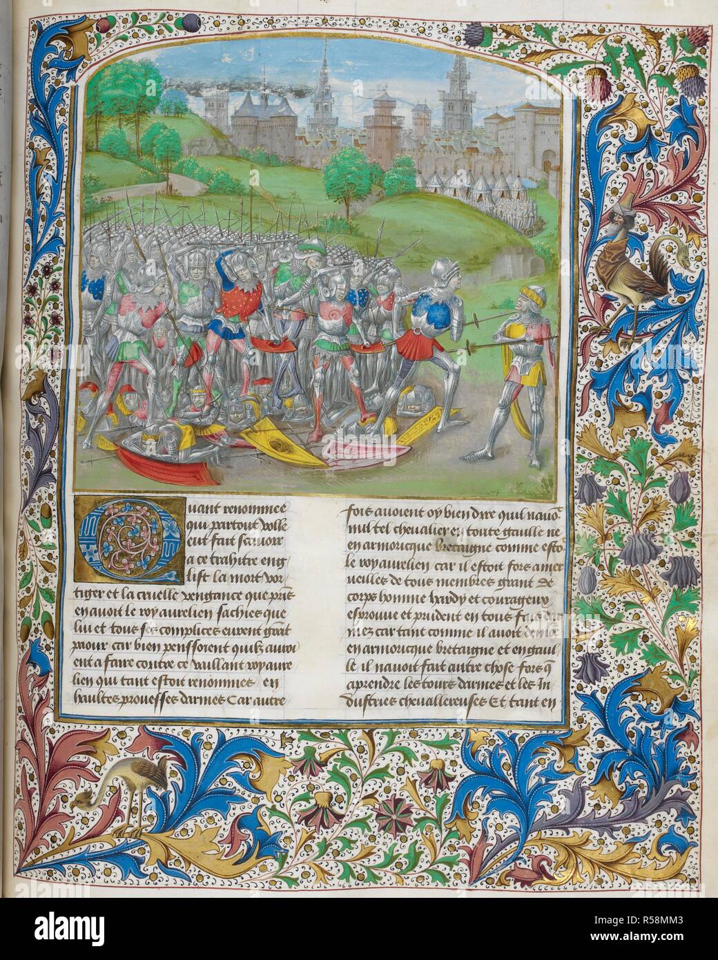 La morte di Hengist e la distruzione del suo esercito, con sottostante, decorate iniziale 'Q'. Chroniques d'Angleterre. S. Paesi Bassi (Bruges?); circa 1470-1480. Fonte: Royal 15 E. IV, f.120. Lingua: Francese. Autore: WAVRIN, JEAN DE. Foto Stock