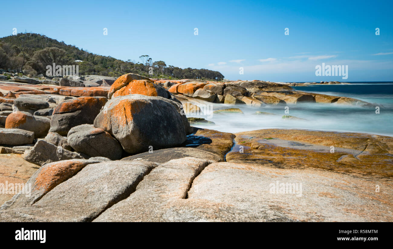 Le spiagge incontaminate della Tasmania, i giardini situato nel nord-est della baia di incendi regione, incontaminate di sabbia bianca impostazione della scena un idilliaco rifugio. Foto Stock