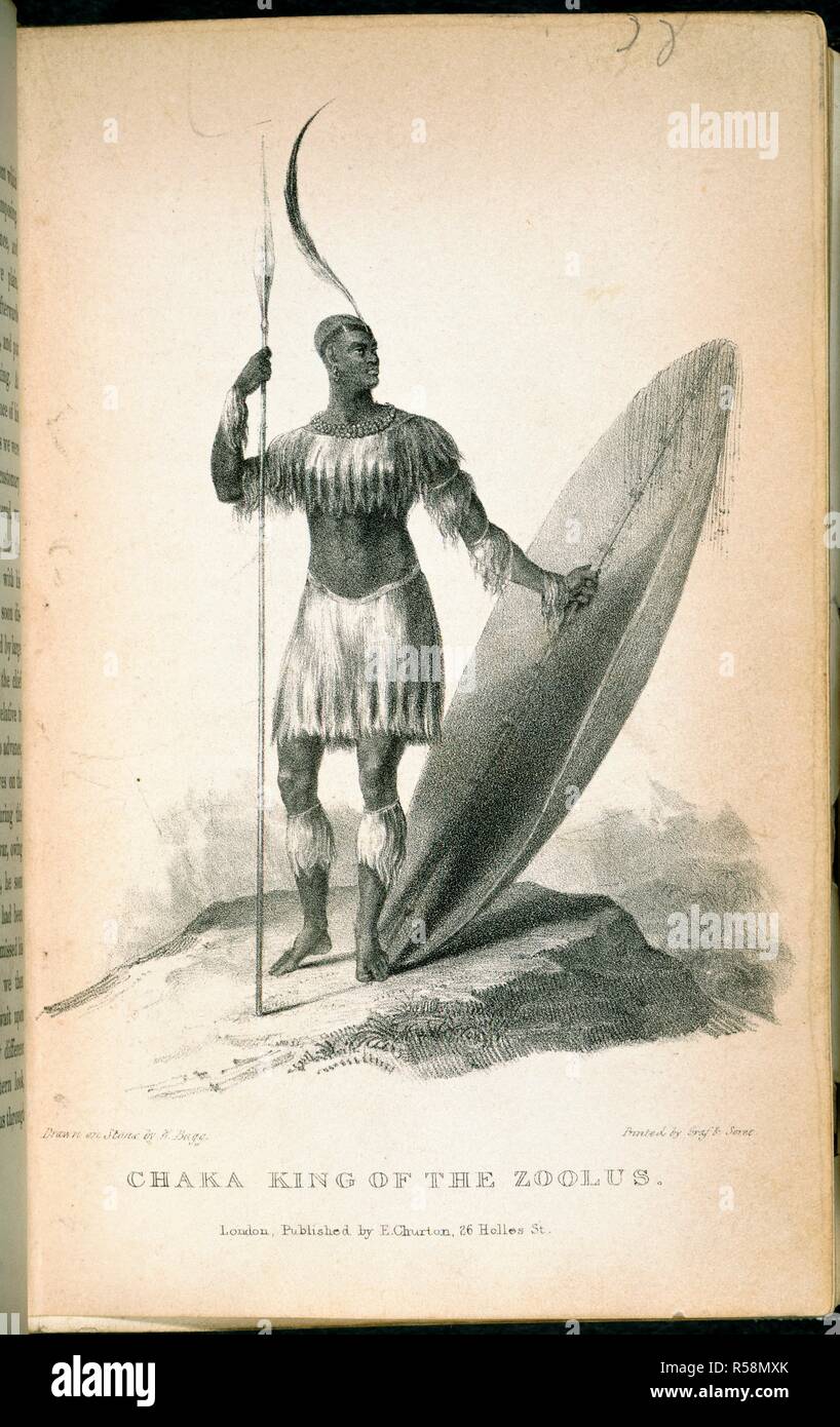 Chaka re dell'Zoolus. Shaka (c.1787-1828). Zulu leader e fondatore della nazione Zulu. Viaggi e avventure in Africa Orientale, descrittivo dei Zoolus con uno schizzo di Natal. Londra, 1836. Fonte: 1047.h.16, opposta alla pagina 58. Lingua: Inglese. Autore: Isaacs, Nathaniel. Foto Stock