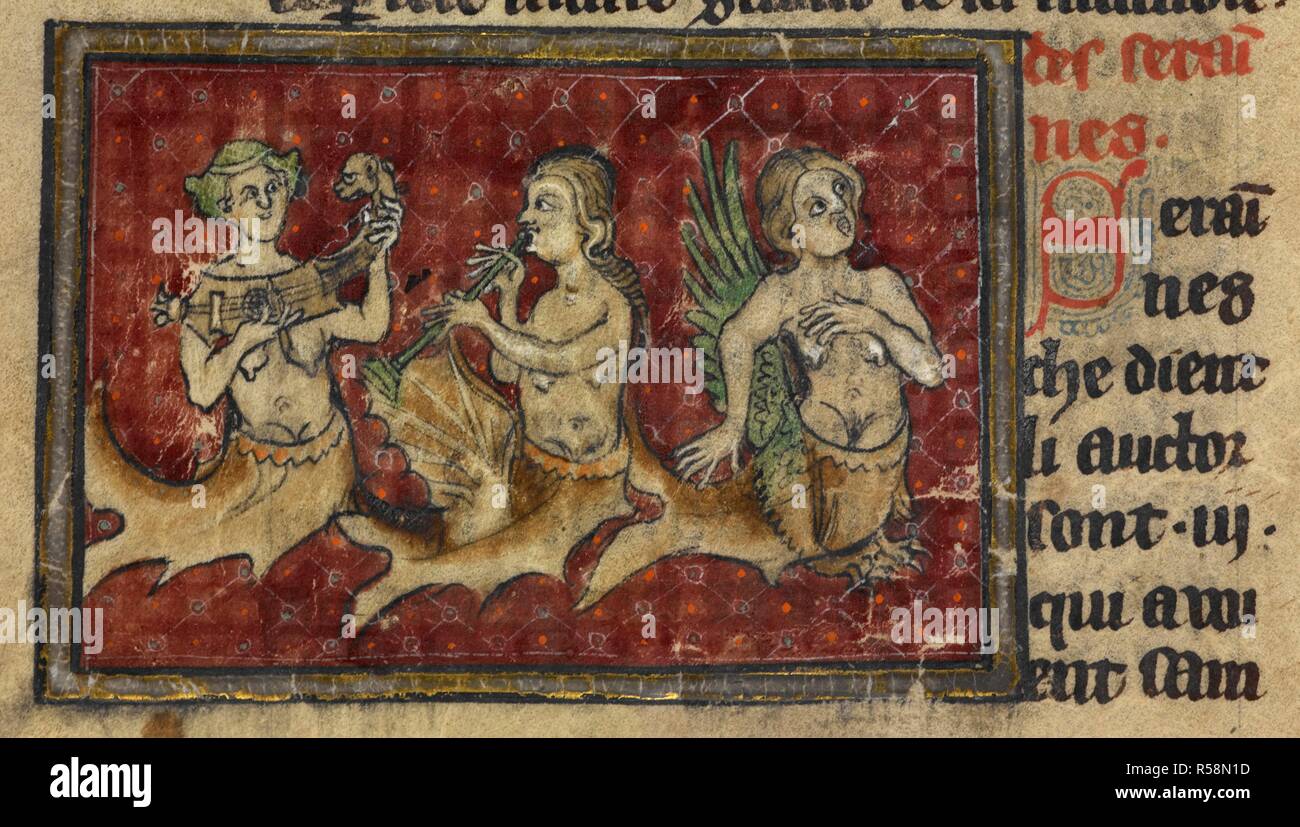 Tre sirene. Li Livres dou Tresor. Francia, N. (Piccardia); c. 1315-1325. Fonte: Yates Thompson 19, f.50v. Lingua: Francese. Autore: LATINI BRUNETTO. Foto Stock
