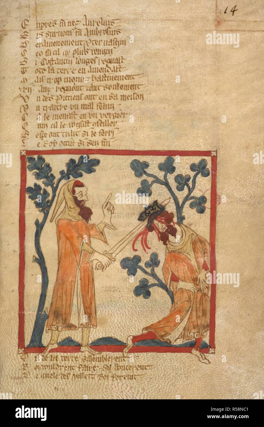 Re Constantins assassinato. Romanzi in francese versetto ... Il XIV secolo. Fonte: Egerton 3028 f.14. Autore: Wace, Canon di Bayeux. Foto Stock