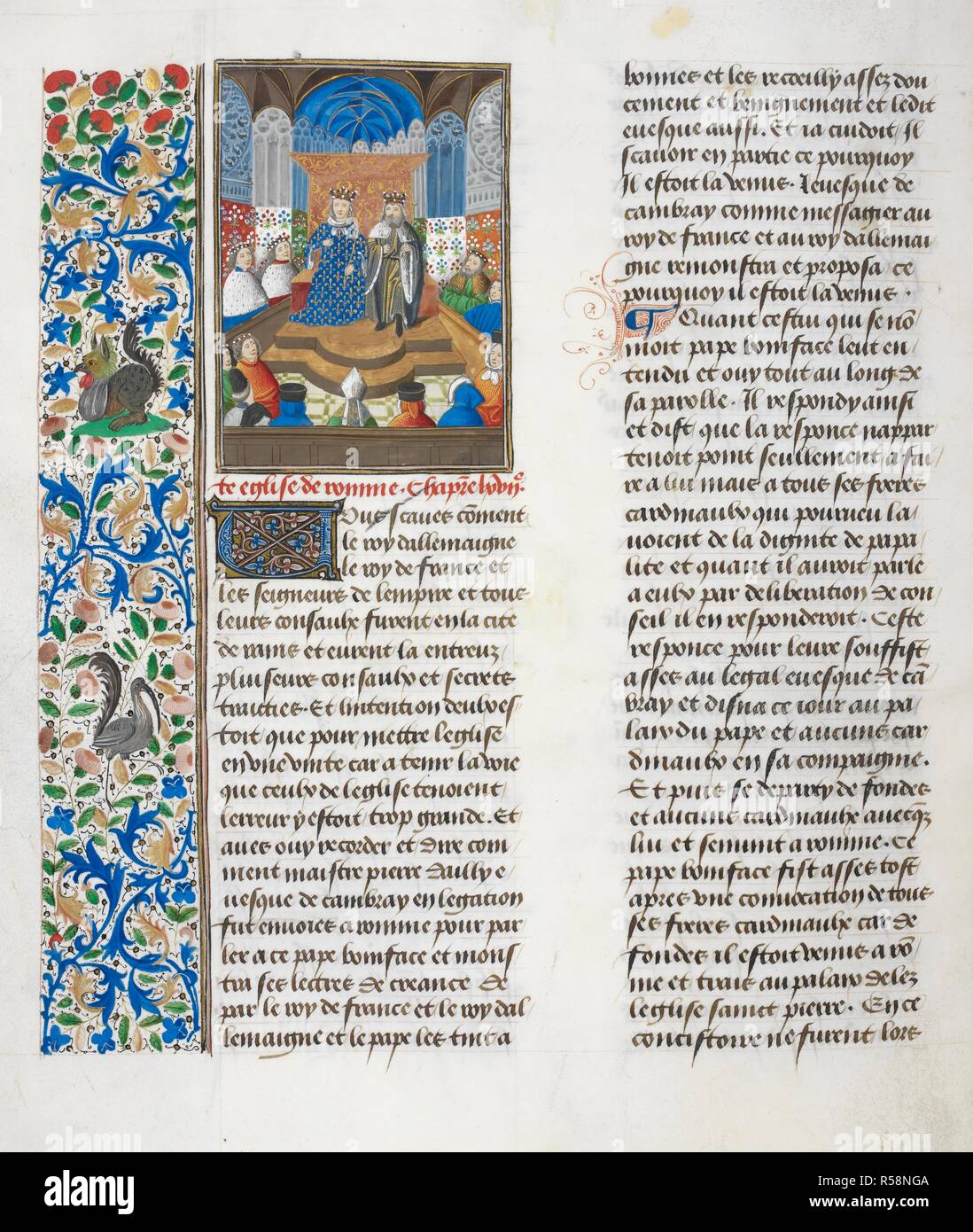 Miniatura mostra la riunione del Re Carlo VI di Francia e l'imperatore Venceslao a Reims. Jean Froissart, Chroniques (il "Harley Froissart") (Frossart di cronache). Volume IV, parte 2. S. Paesi Bassi (Bruges), 1470-1475. Fonte: Harley 4380, f.152v. Lingua: Francese. Foto Stock