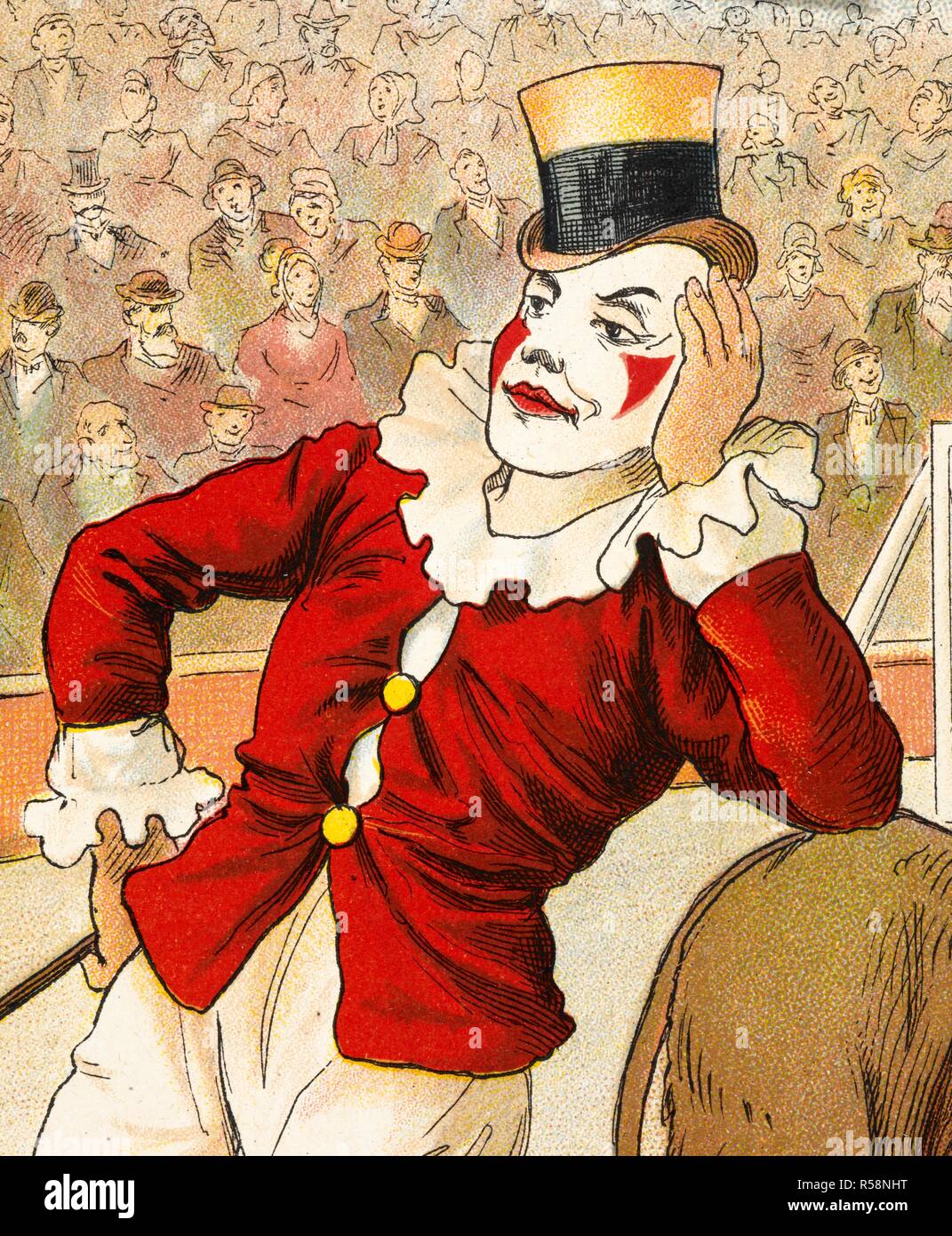 Un clown appoggiata sul dorso di un asino. Il Circo libro. [Foto per bambini.]. G. Routledge & Sons: [Londra; litografato in Olanda, 1890.]. Fonte: 12807.s.62 pagina 6 dettaglio. Lingua: Inglese. Autore: ANON. Foto Stock