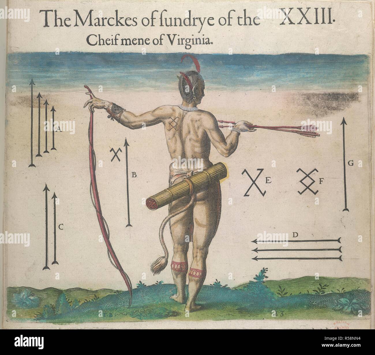 "I marchi di alcuni tra i principali uomini (capi) della Virginia'. L' incisione di diversi marchi di corpo, visto sui corpi del capo degli uomini della Virginia. Viaggia attraverso la Virginia. Da Theodor de Bry's "America", Vol. I, 1590, dopo un disegno di Giovanni Bianco. Inghilterra; 1618. Fonte: Sloane 1622, f.91. Lingua: Inglese. Foto Stock