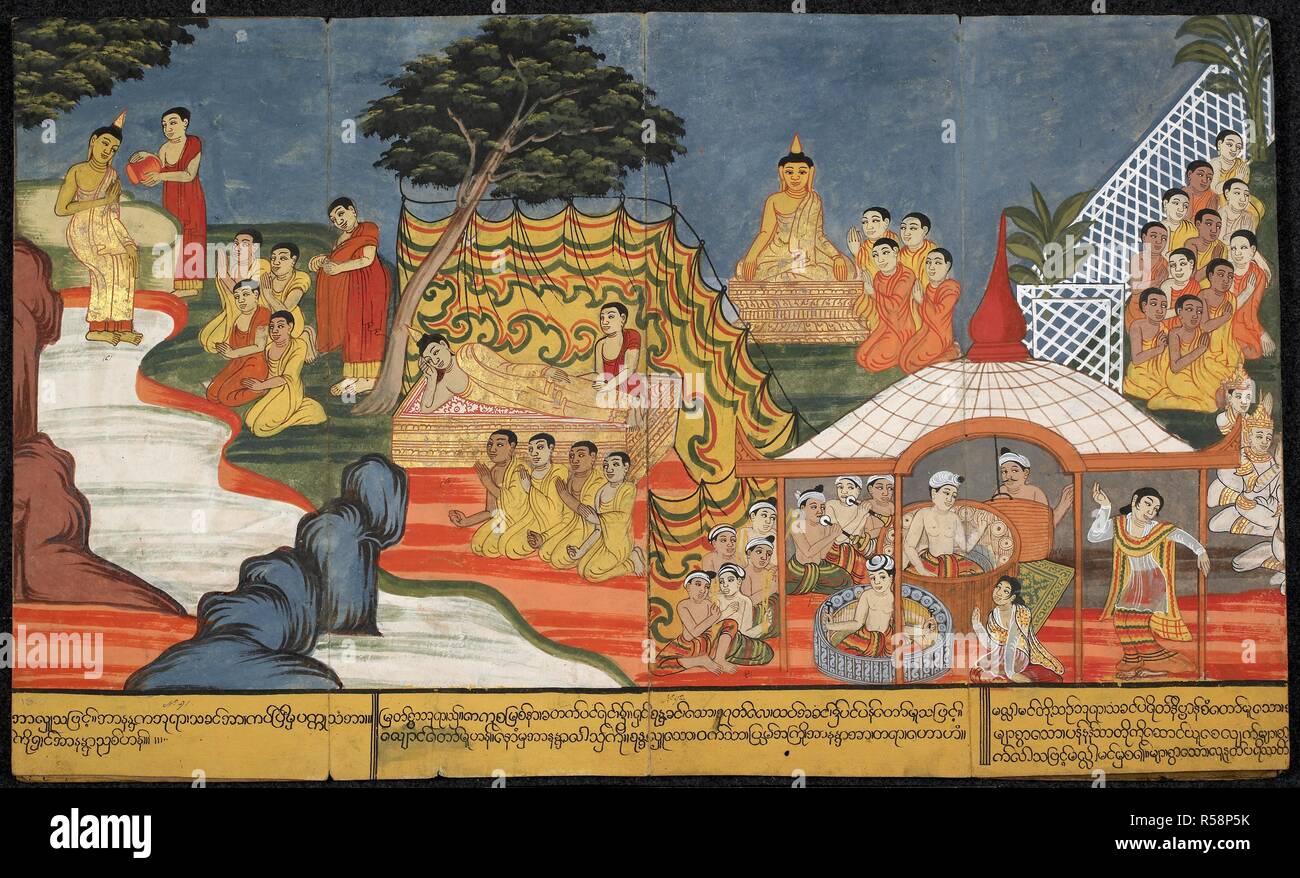 Il Buddha balneazioni in fiume Kakuttha (sulla sinistra), che si estende verso il basso (centro); e invia un messaggio a Cunda (sulla destra) mentre i musicisti si esibiscono. La vita del Buddha. La Birmania, c,1800-1820. Fonte: o. 14298, SS16-17. Autore: ANON. Foto Stock