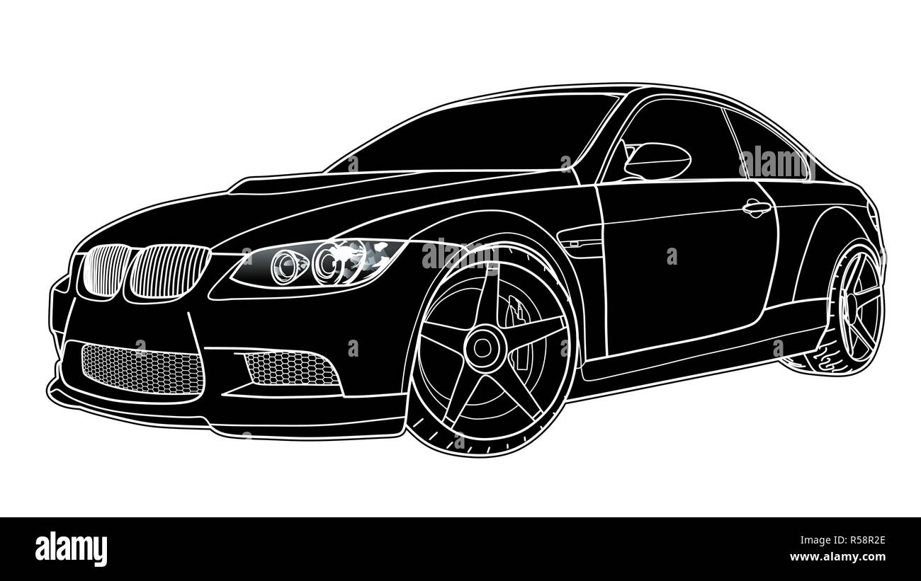 Tracciato di vettore di un piatto auto sportive con linee nere. Illustrazione Vettoriale