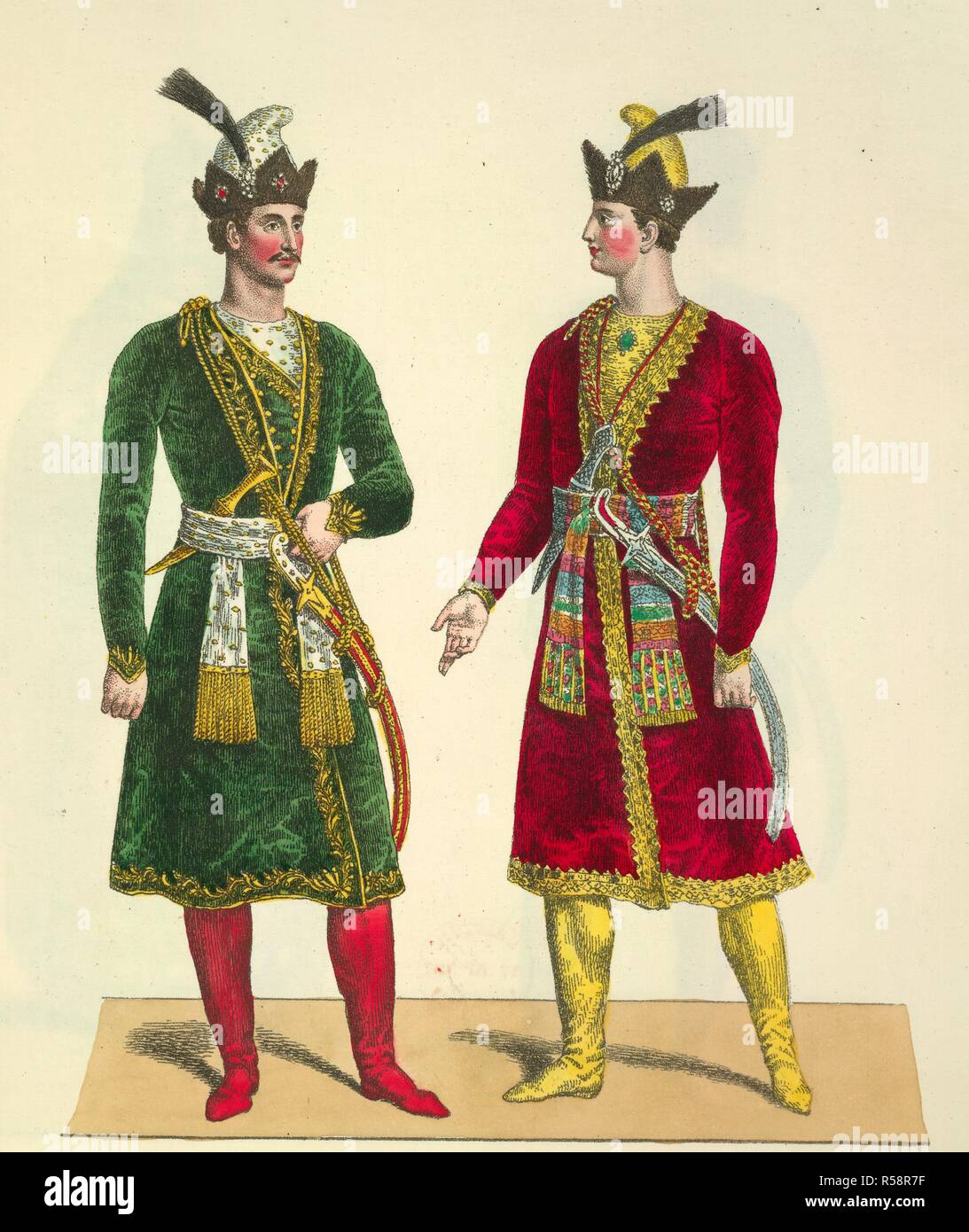 Due Bukharan princes. Lalla RoÃ"kh. [Una descrizione di tableaux vivants re. Berlino, 1822. Due Bukharan princes. I materiali per i cappotti e i ricami sono più fini e più ricco rispetto a quelli di ordinaria Bukharans. Immagine presa da Lalla RoÃ"kh. [Una descrizione di tableaux vivants raffiguranti scene del poema di T. Moore.] Divertissement mÃªlÃ© de chants et de danses. ExÃ©cutÃ© au ChÃ¢teau royal de Berlino le 27. Janvier 1822, Avec 23 planches coloriÃ©es..Questa esposizione era basato sul poema Lalla Rookh, un romance orientali, da Thomas Moore, pubblicato nel 1817. Originariamente pubblicato/produrre Foto Stock