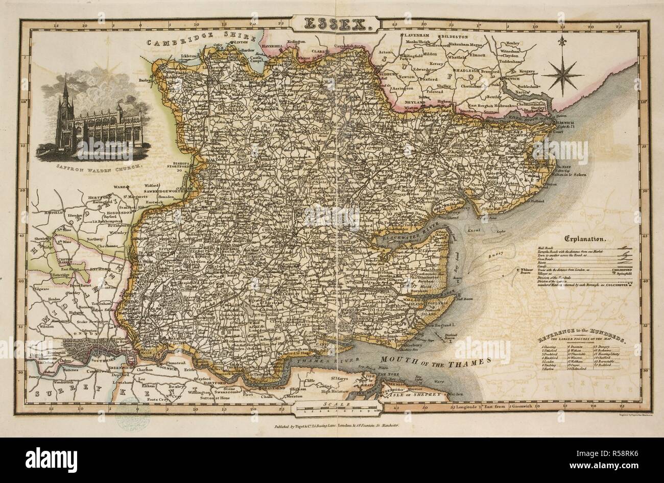 Essex. Una pagina da un XIX secolo atlas. Contea di sud-est dell' Inghilterra. . Pigot & Cos British Atlas. Parte prima. Londra e Manchester, Inghilterra. Pubblicato da Pigot & Co.,1828. Fonte: Mappe 197.b.58. Lingua: Inglese. Foto Stock
