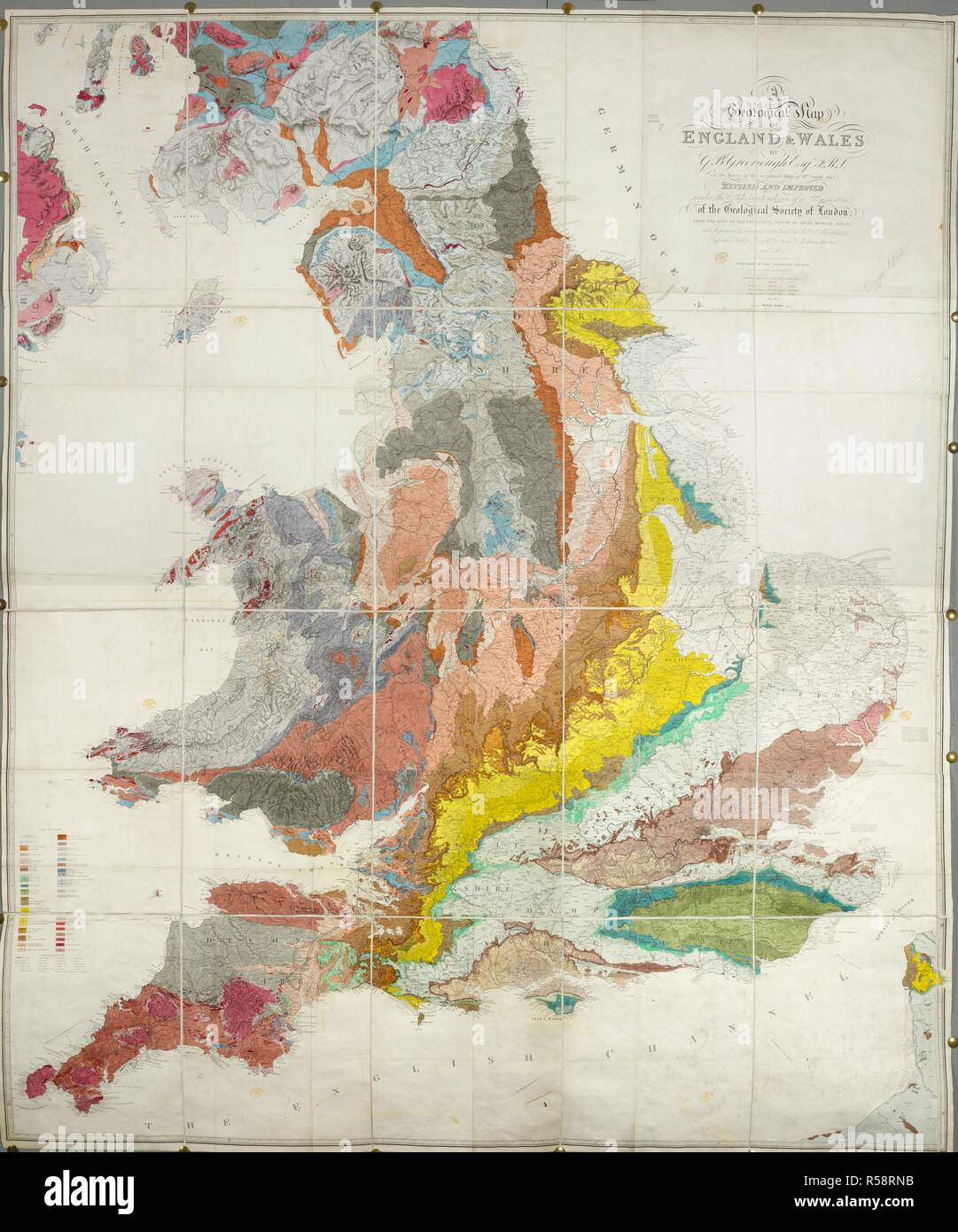 Una colorata mappa geologica di Inghilterra e Galles. Un fisico e mappa geologica di Inghilterra e Galles. A cura di G.B. Greenough ... (Sulla base della mappa originale da W. Smith, 1815). Rivisto e migliorato sotto la sovrintendenza di un comitato della Geological Society di Londra. Londra : Geological Society, 1865. G.B. Greenough. Fonte: maps.1180.(17). Foto Stock