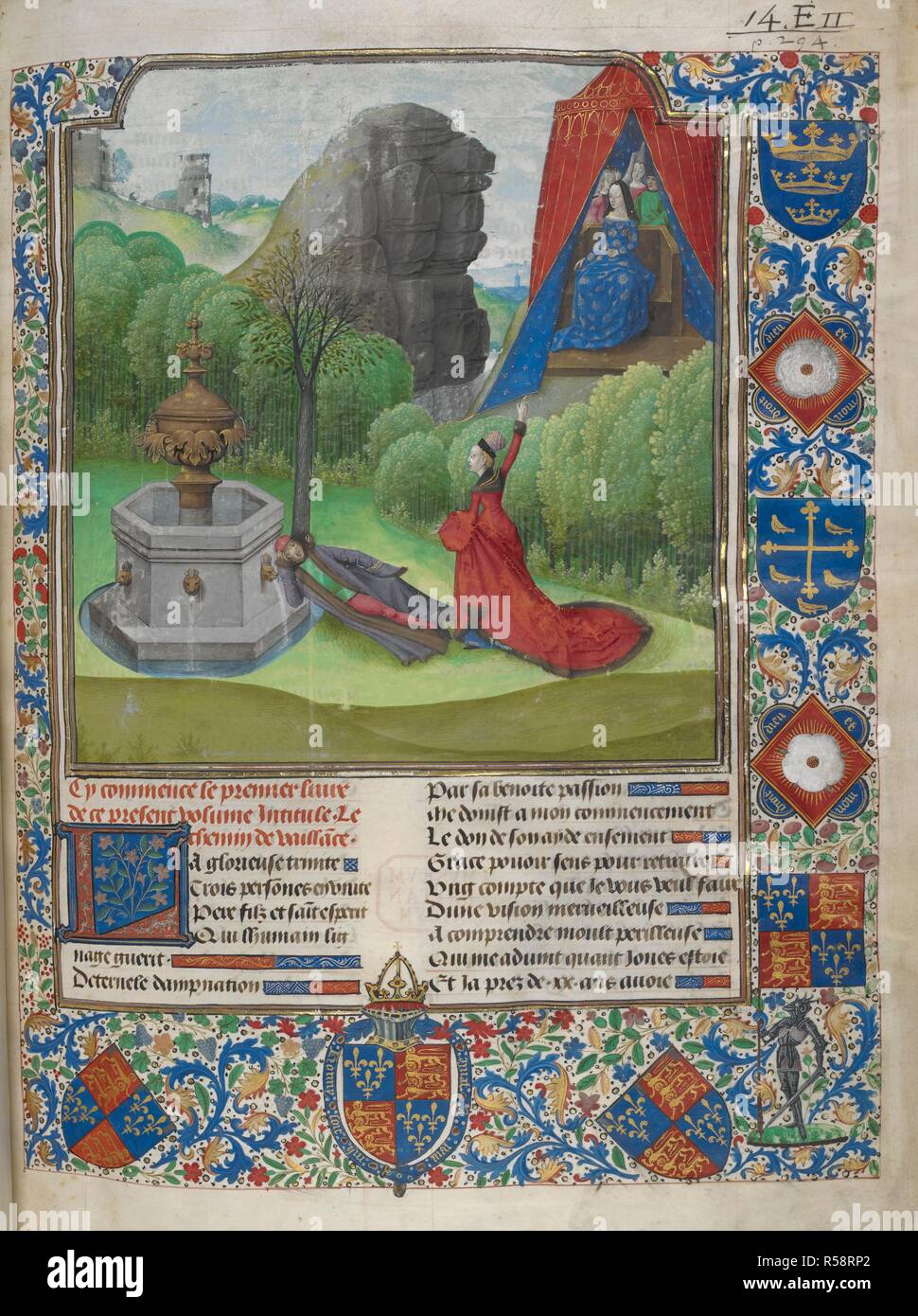 Miniatura Della Natura Che Figurano All Autore Jean De Courcy In Un Sogno E Mostrandogli La Signora Vaillance All Inizio Del Libro 1 Un Bordo Intero Contenente Il Royal Bracci Di Inghilterra Su Un