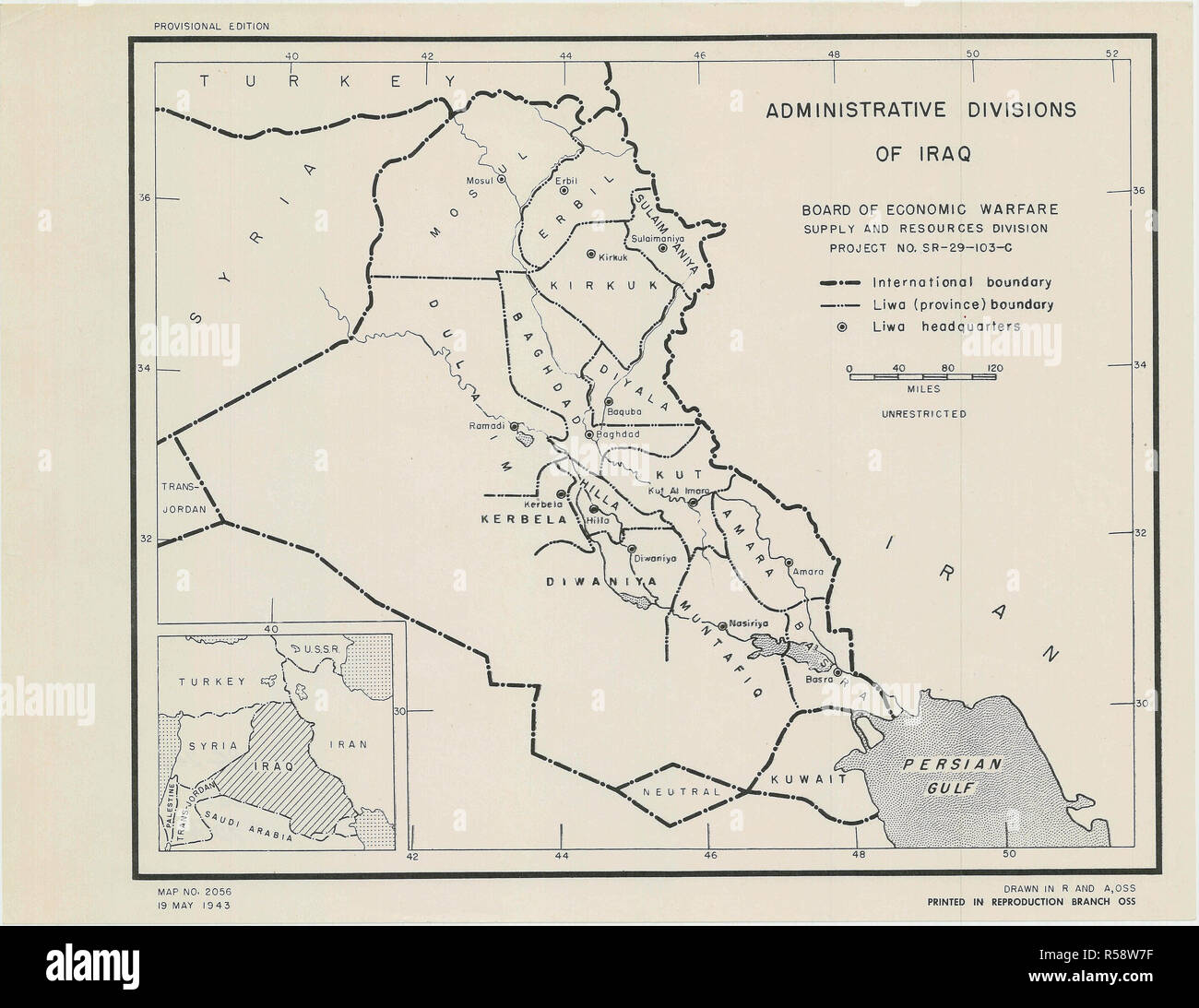 5/19/1943 - II Guerra Mondiale mappe e grafici - Divisioni amministrative di Iraq Foto Stock