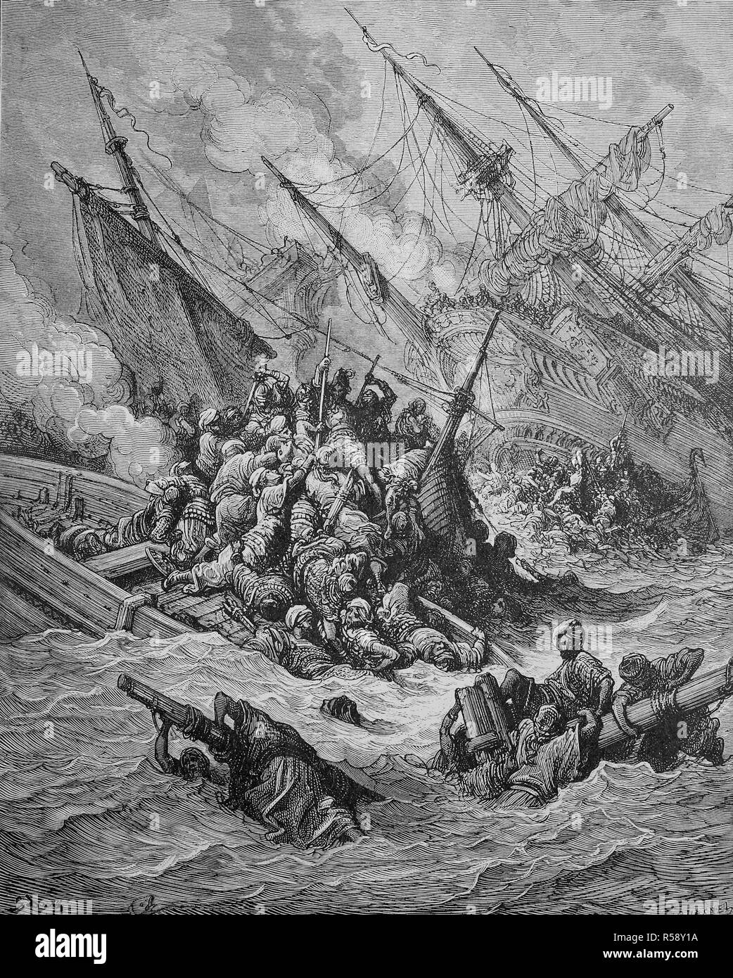 Digital riproduzione migliorata, la battaglia di Lepanto era un impegno navale che ha avuto luogo il 7 ottobre 1571 quando una flotta della Lega Santa, guidato dalla Serenissima Repubblica di Venezia e l'impero spagnolo, inflisse una grande sconfitta della flotta dell'Impero Ottomano nel golfo di Patrasso, Grecia, Seeschlacht von Lepanto fand am 7. Oktober 1571 im Ionischen Meer vor dem Eingang zum Golf von Patrasso bei Lepanto (griechisch Nafpaktos) im heutigen Griechenland statt, originale stampa da th del XIX secolo Foto Stock