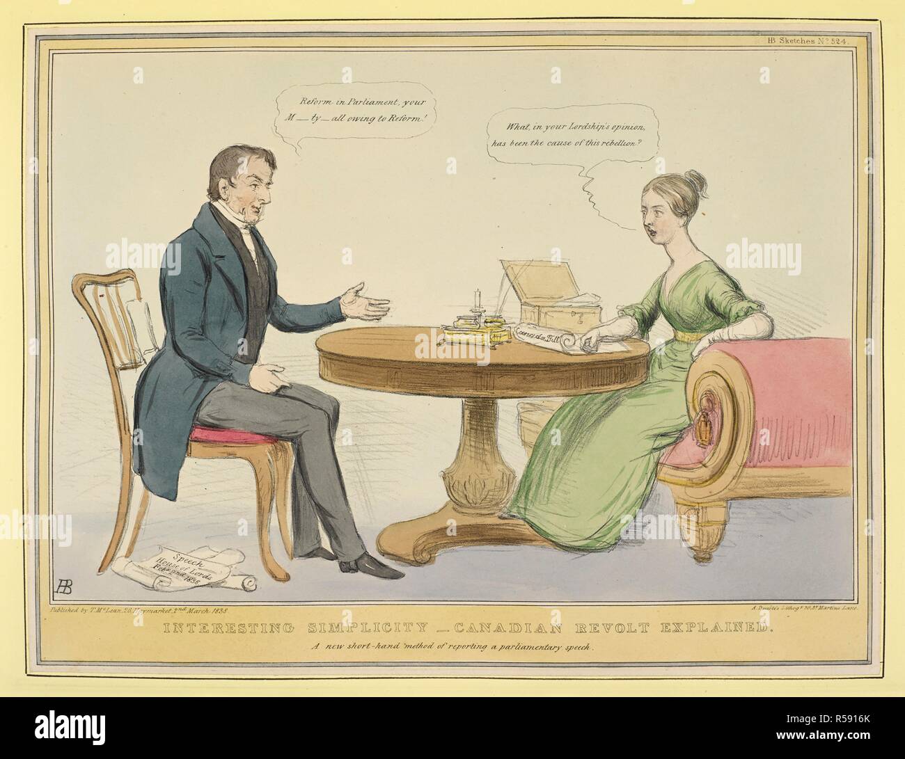 "Interessante semplicità - rivolta canadese ha spiegato'. Signore di Melbourne e il Queen Victoria in discussione. Schizzi politici di H. B. [ossia John Doyle. Una serie di colorate stampe litografiche.] n. 1-757. Londra, 1829-43. Fonte: Tab.435.a.1-8. piastra 524. Il volume 6. Lingua: Inglese. Foto Stock
