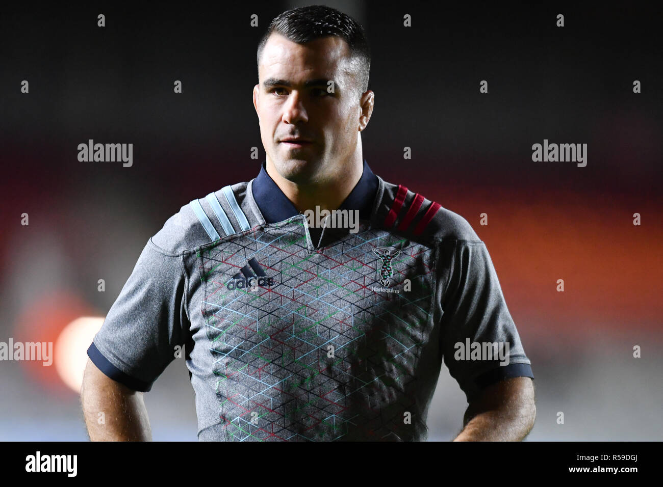 Londra, Regno Unito. 30 Novembre, 2018. Dave Ward di arlecchini durante la Premiership Gallagher match tra arlecchini e Exeter Chiefs a Twickenham Stoop il Venerdì, 30 novembre 2018. Londra Inghilterra. (Solo uso editoriale, è richiesta una licenza per uso commerciale. Nessun uso in scommesse, giochi o un singolo giocatore/club/league pubblicazioni.) Credito: Taka G Wu/Alamy News Foto Stock