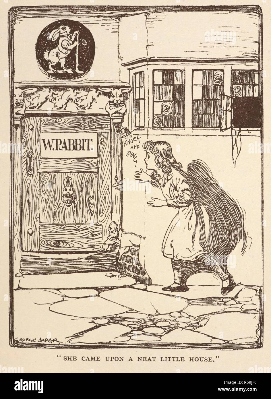 "Egli è venuto su un bel po' di casa.' Alice in avvicinamento alla porta con il nome "W. Coniglio' su di esso. Alice nel Paese delle Meraviglie. Londra : Headley Bros., [1911]. Fonte: 012809.gg.24 pagina 57. Autore: SOPER, George. Dodgson Charles Lutwidge, pseud. Lewis Carroll. Foto Stock