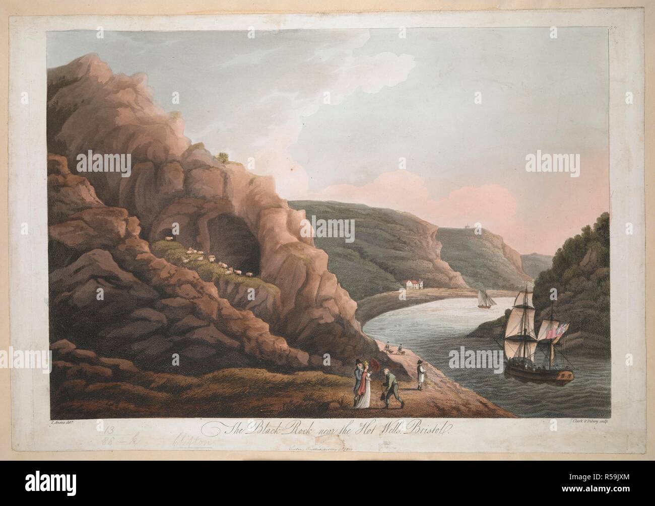 Pecora su uno sperone roccioso a sinistra; le figure in piedi sul bordo di una scogliera; un corpo di acqua e le navi al di sotto; le rocce in distanza. La Roccia Nera vicino al Hot Wells Bristol. Londra : [autore non identificato], pubblicata il 1 maggio 1809. Fonte: Mappe K.Top.13.88.k. Lingua: Inglese. Autore: Dubourg, M. Clark, J. H. Foto Stock