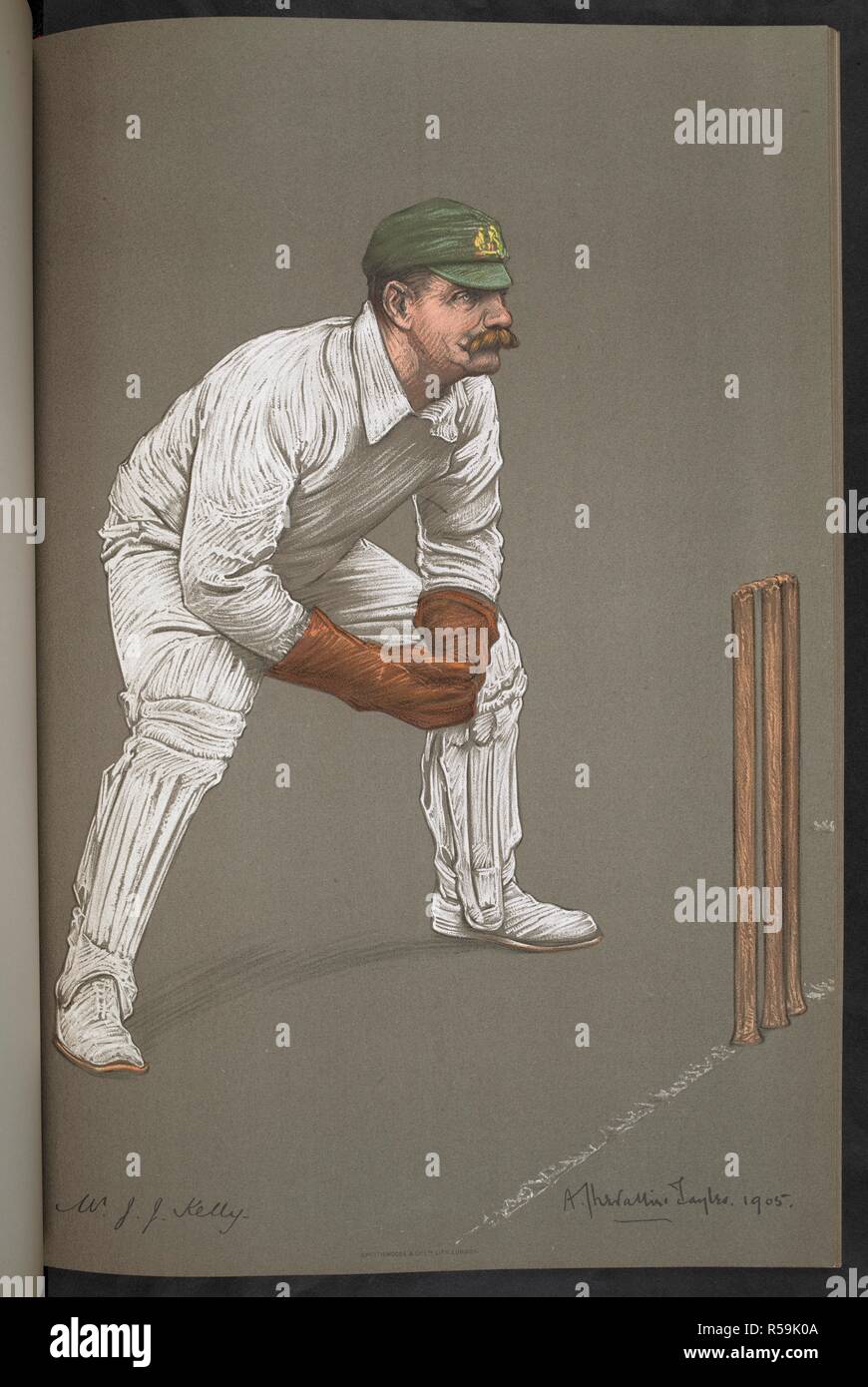 Il sig. J. J. Kelly, Australia. James Joseph Kelly (1867-1938), soprannominato "tumper', era un paletto-keeper che ha giocato per Australia e Nuova Galles del Sud. L'Empire's Il Cricketers. Da disegni originali di A. Chevallier Tayler. Con biografie di G. W. Beldam. Stagione 1905 [48 piastre con il testo descrittivo.]. [Londra] : la raffinata arte della società, Ltd. 148 New Bond Street, W., [1905]. Fonte: C.194.c.87, la piastra 39. Lingua: Inglese. Foto Stock