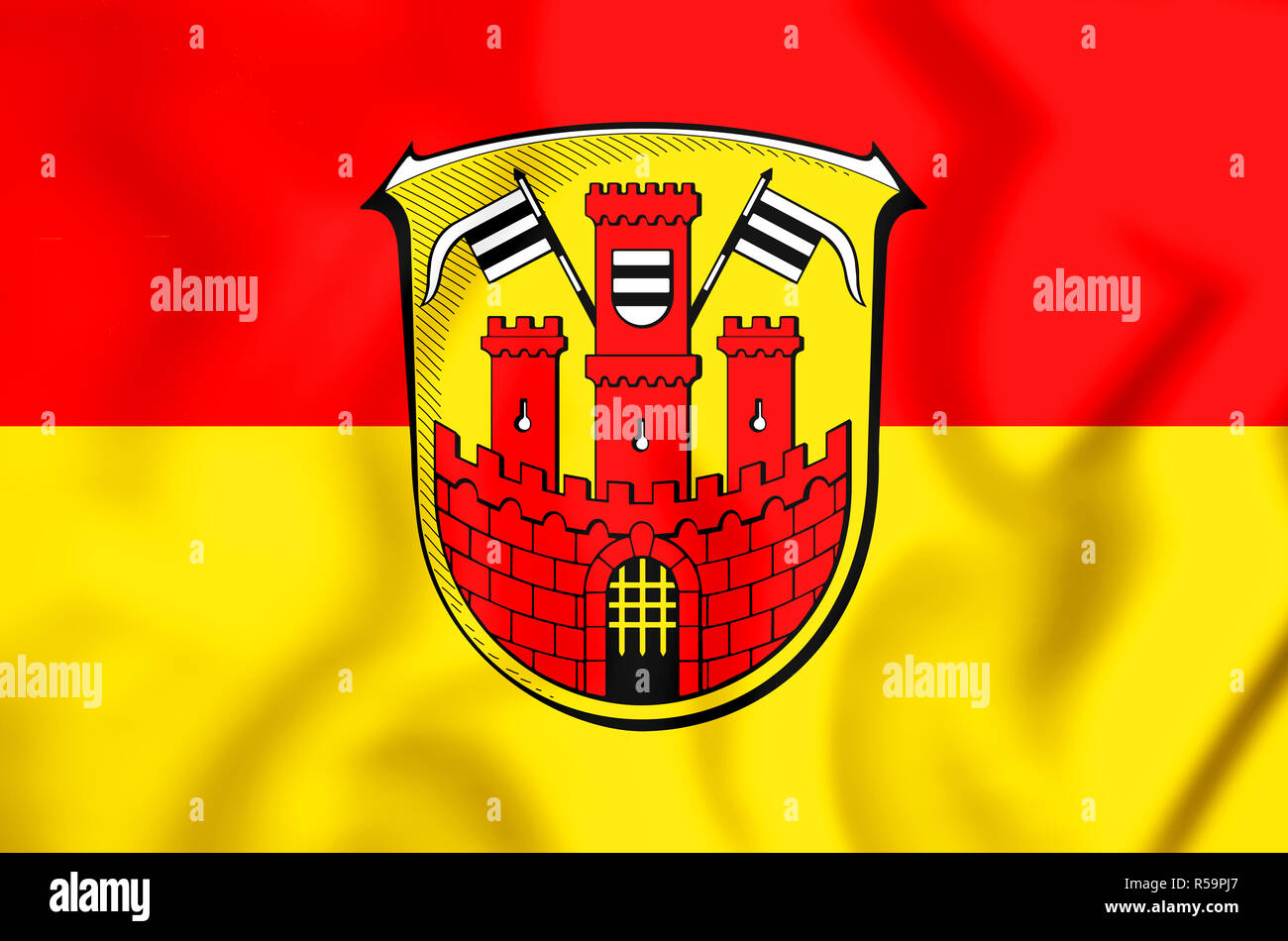 3D Bandiera di Buedingen (Assia), Germania. 3D'illustrazione. Foto Stock