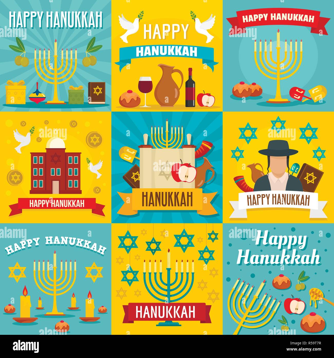 Hanukkah banner set. Illustrazione piana di hanukkah vettore set di banner per il web design Illustrazione Vettoriale