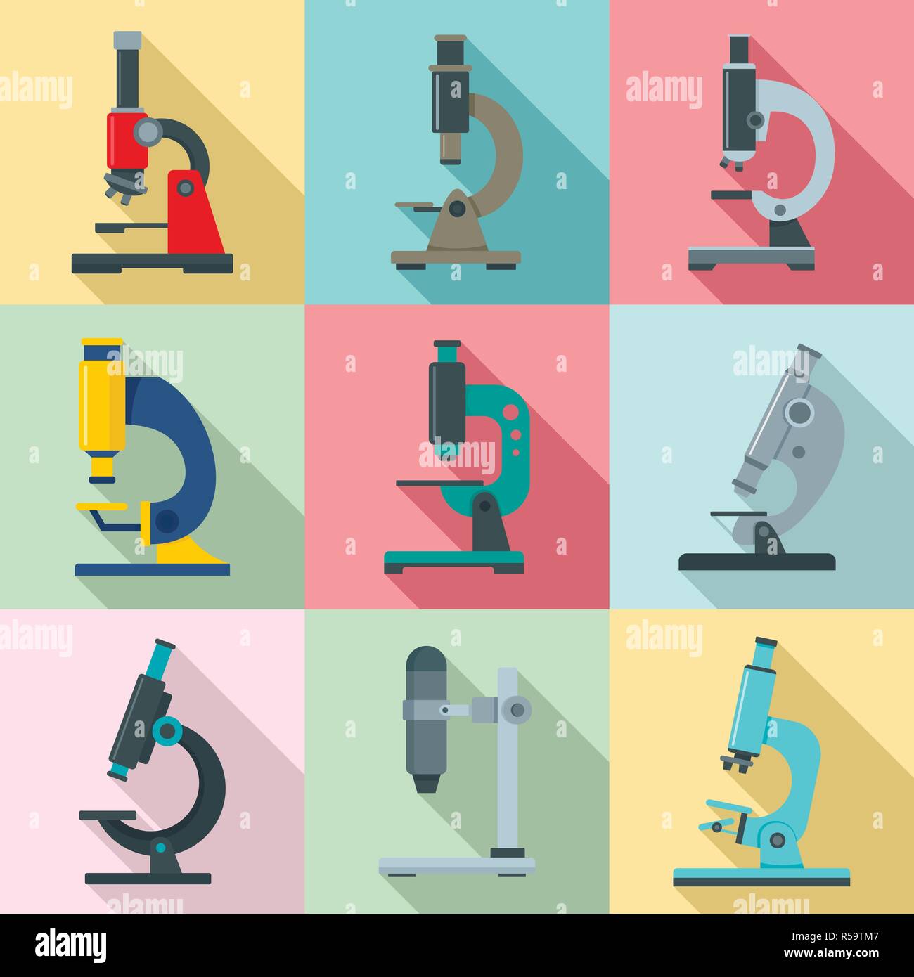 Icona di microscopio set. Set piatto del microscopio icone vettoriali per il web design Illustrazione Vettoriale