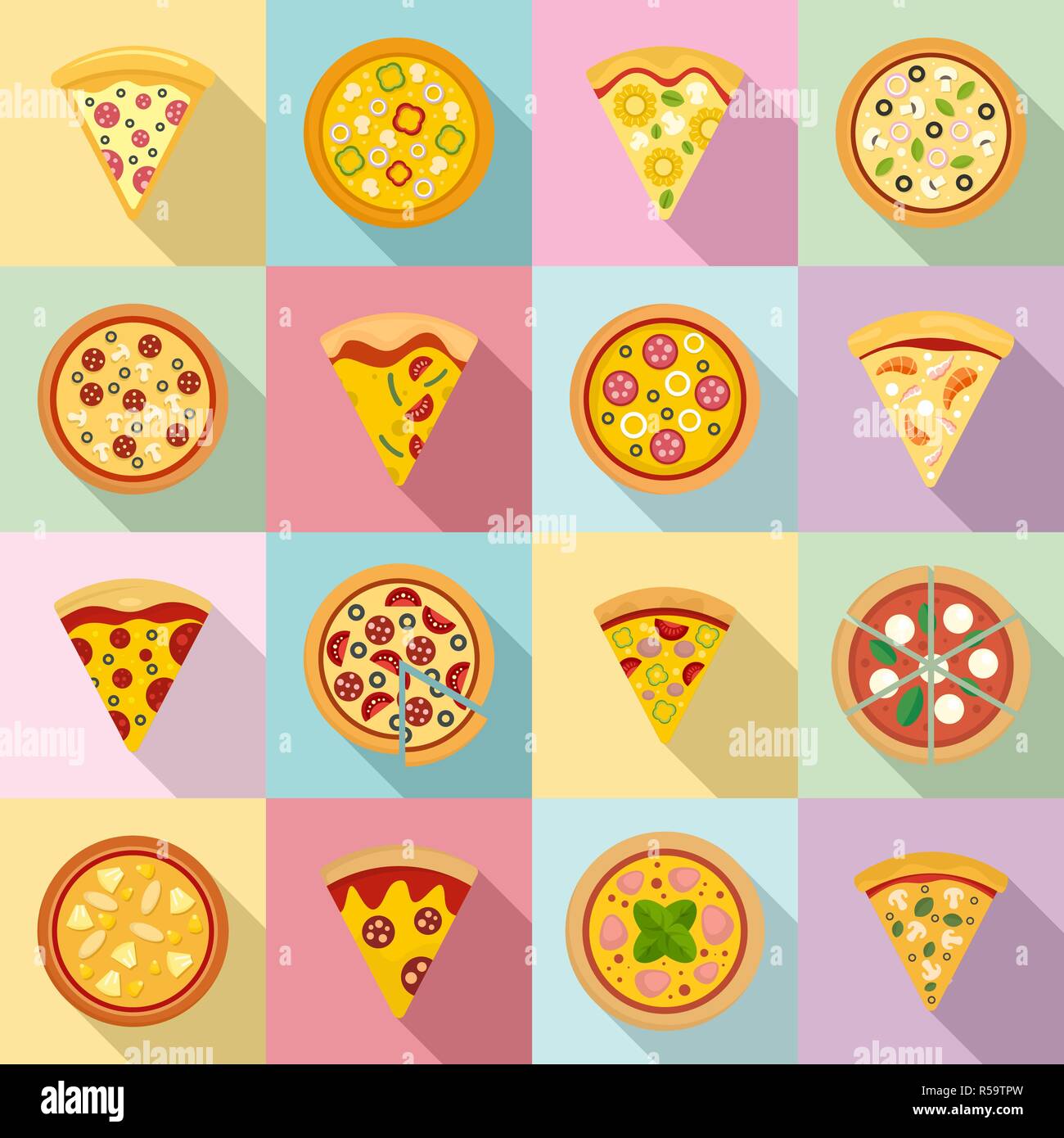 Pizza icon set. Set piatto di pizza icone vettoriali per il web design Illustrazione Vettoriale