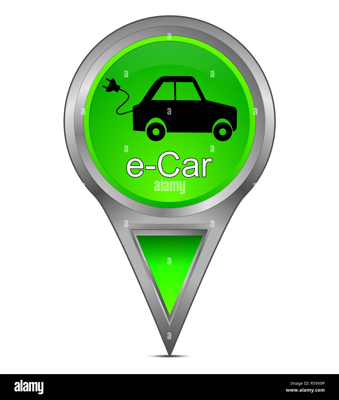 Verde decorativo puntatore mappa con e-auto - 3d illustrazione Foto Stock