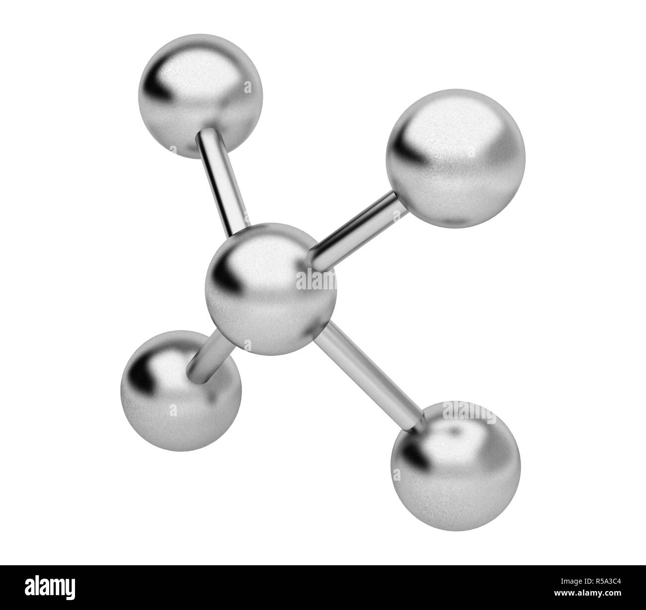 Il rendering 3d'illustrazione. Cromo lucido modello di molecola concetto astratto. Forma molecolare isolati su sfondo bianco. Foto Stock