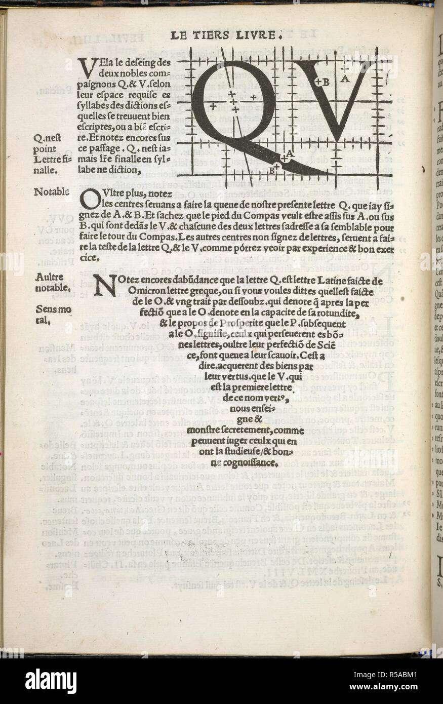 Q e V. Champ Fleury. Auquel est contenu Lart & Science de. Geofroy Tory: Parigi, 1529. Uno schema che mostra le lettere Q e V. immagine presa da Champ Fleury. Auquel est contenu Lart & Science de la deue & vraye ProportiÃµ des Lettres Attiques, quÃµ dit autremet Lettres Antiquariato & vulgairement Lettres Romaines proportionees selon le corps & Visage humain. Alcuni MS. note. Originariamente pubblicato/prodotto in Geofroy Tory: Parigi, 1529. . Fonte: 60.e.14, K6v. Lingua: Francese. Foto Stock